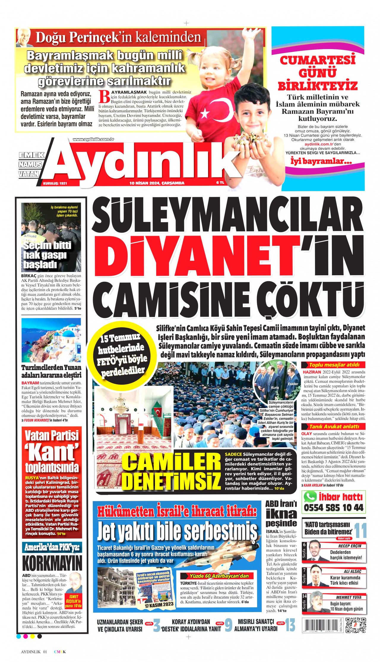AYDINLIK GAZETESİ gazetesinin 10 Nisan 2024 tarihli birinci sayfası