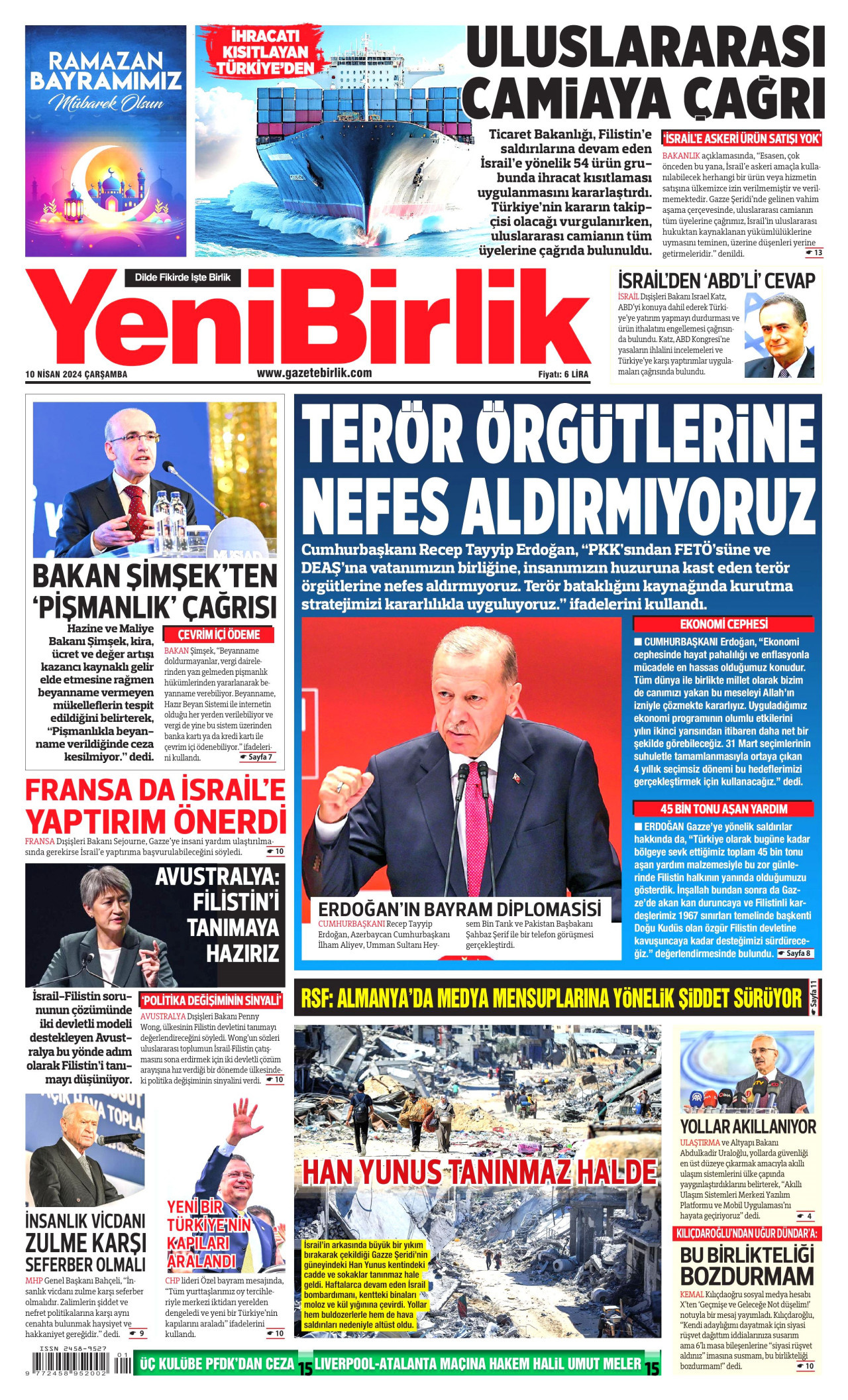 YENİBİRLİK gazetesinin 10 Nisan 2024 tarihli birinci sayfası