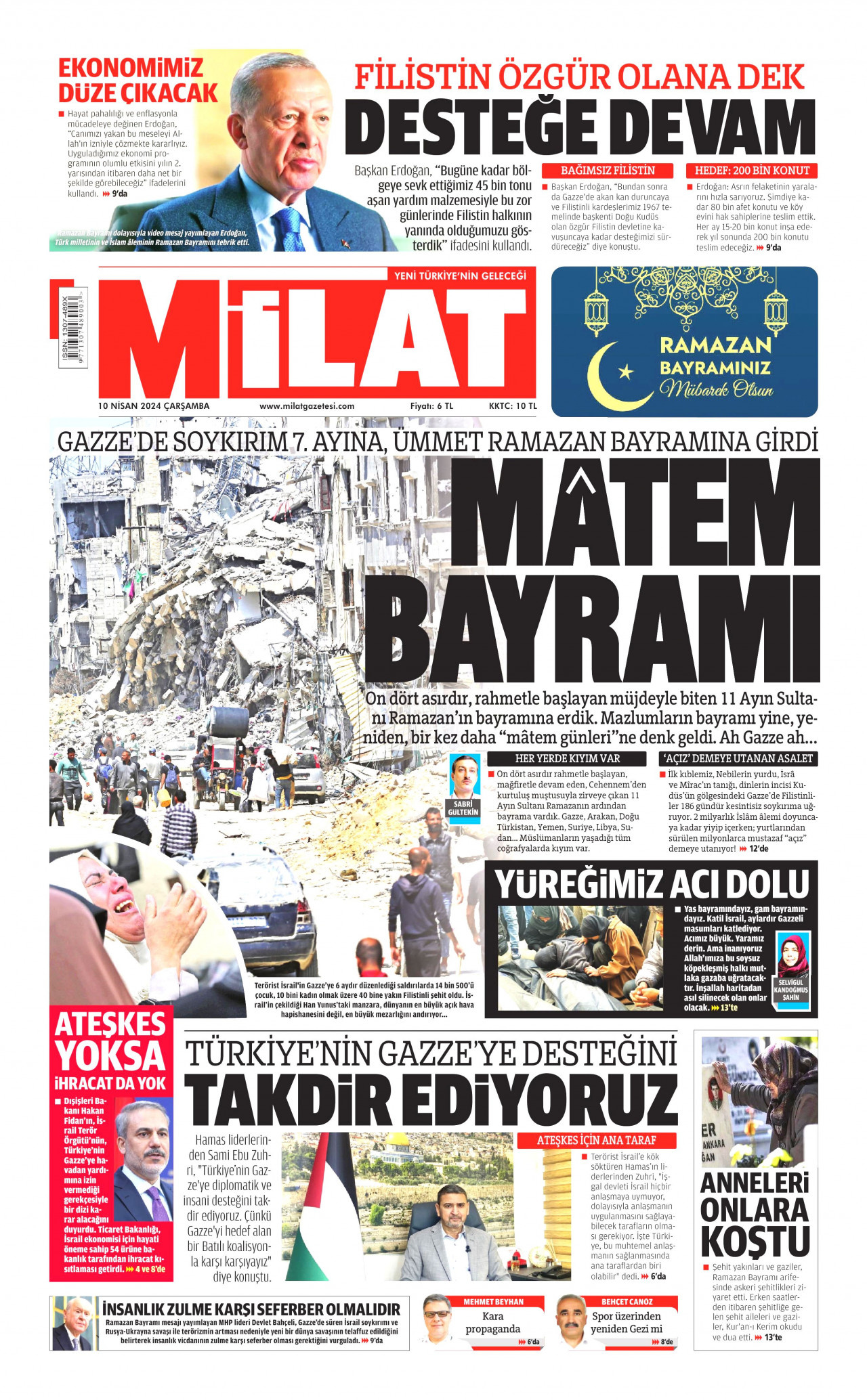 MİLAT gazetesinin 10 Nisan 2024 tarihli birinci sayfası