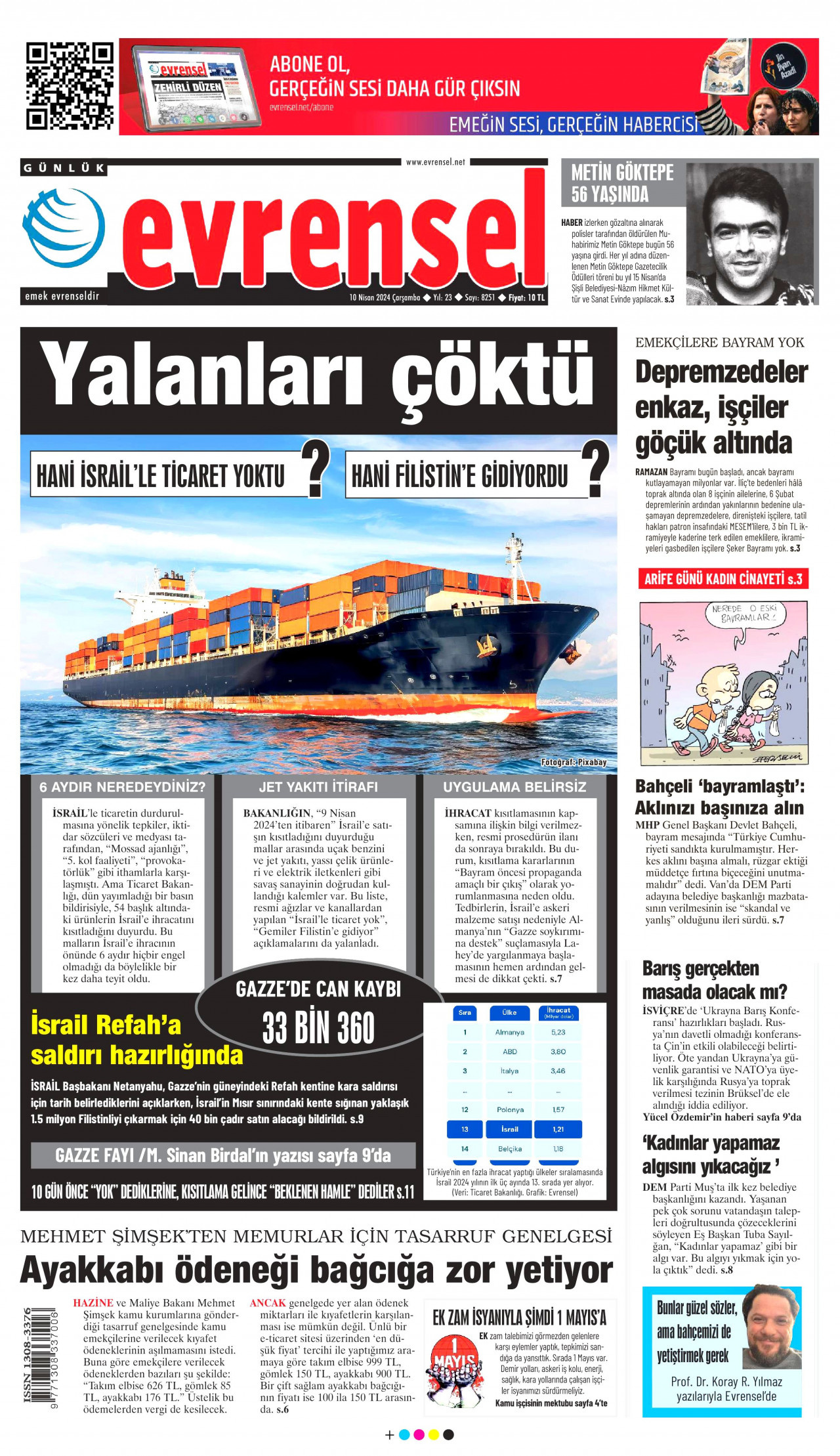 EVRENSEL gazetesinin 10 Nisan 2024 tarihli birinci sayfası