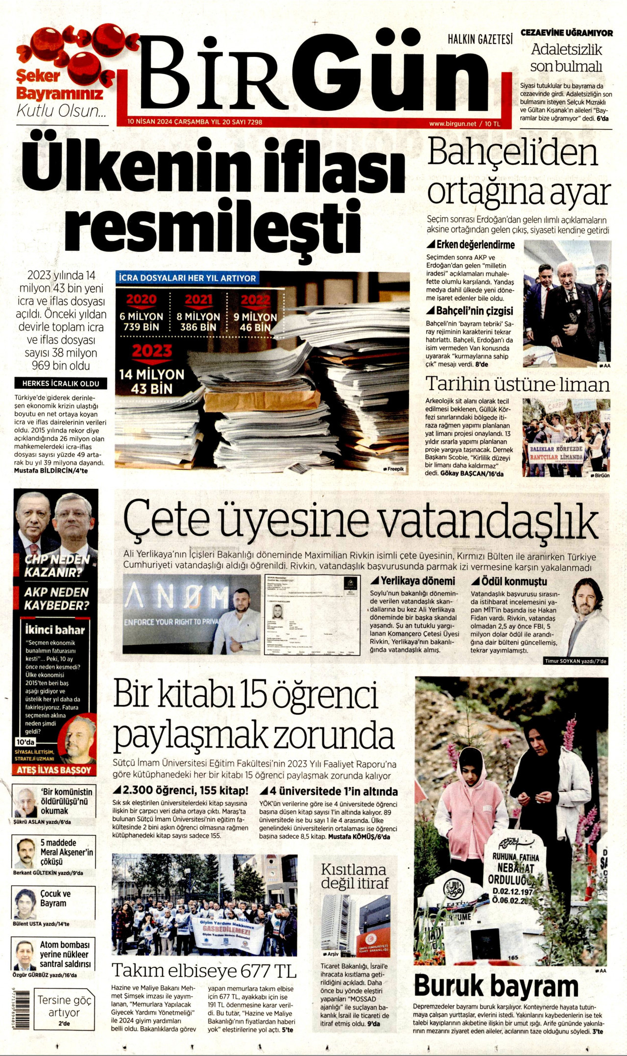 BİRGÜN gazetesinin 10 Nisan 2024 tarihli birinci sayfası
