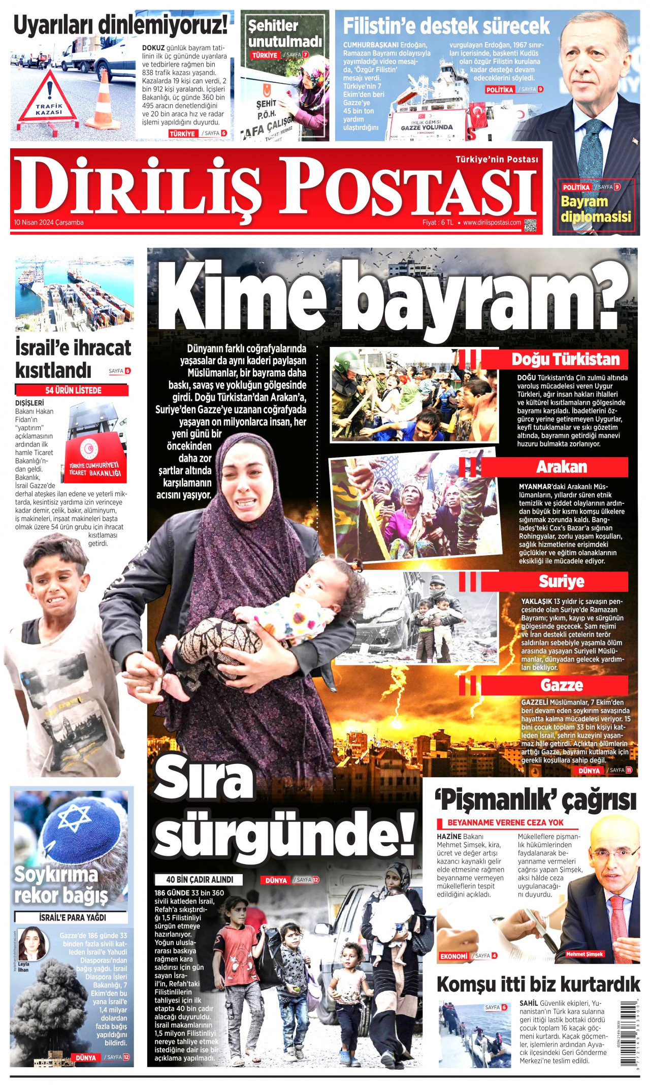 DİRİLİŞ POSTASI gazetesinin 10 Nisan 2024 tarihli birinci sayfası