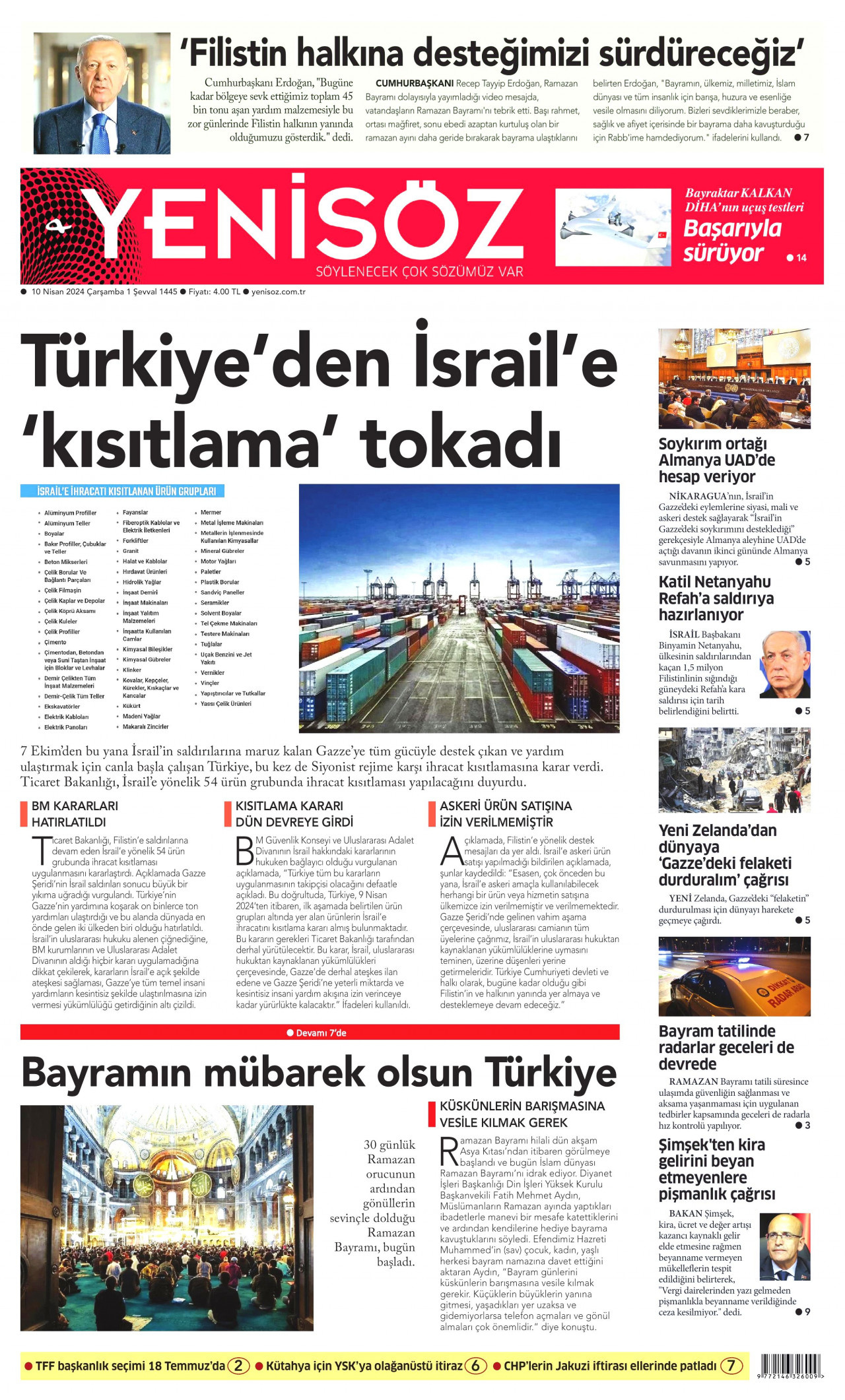 YENİ SÖZ GAZETESİ gazetesinin 10 Nisan 2024 tarihli birinci sayfası