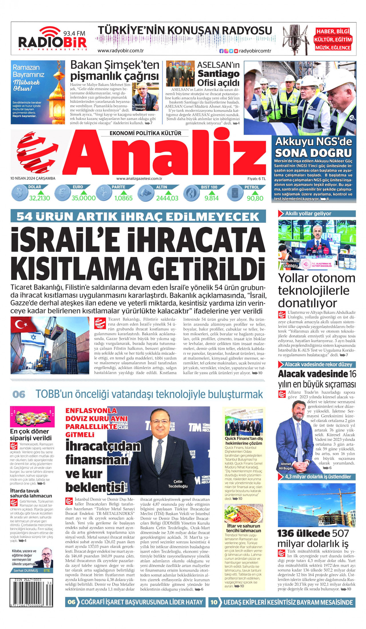 ANALİZ gazetesinin 10 Nisan 2024 tarihli birinci sayfası