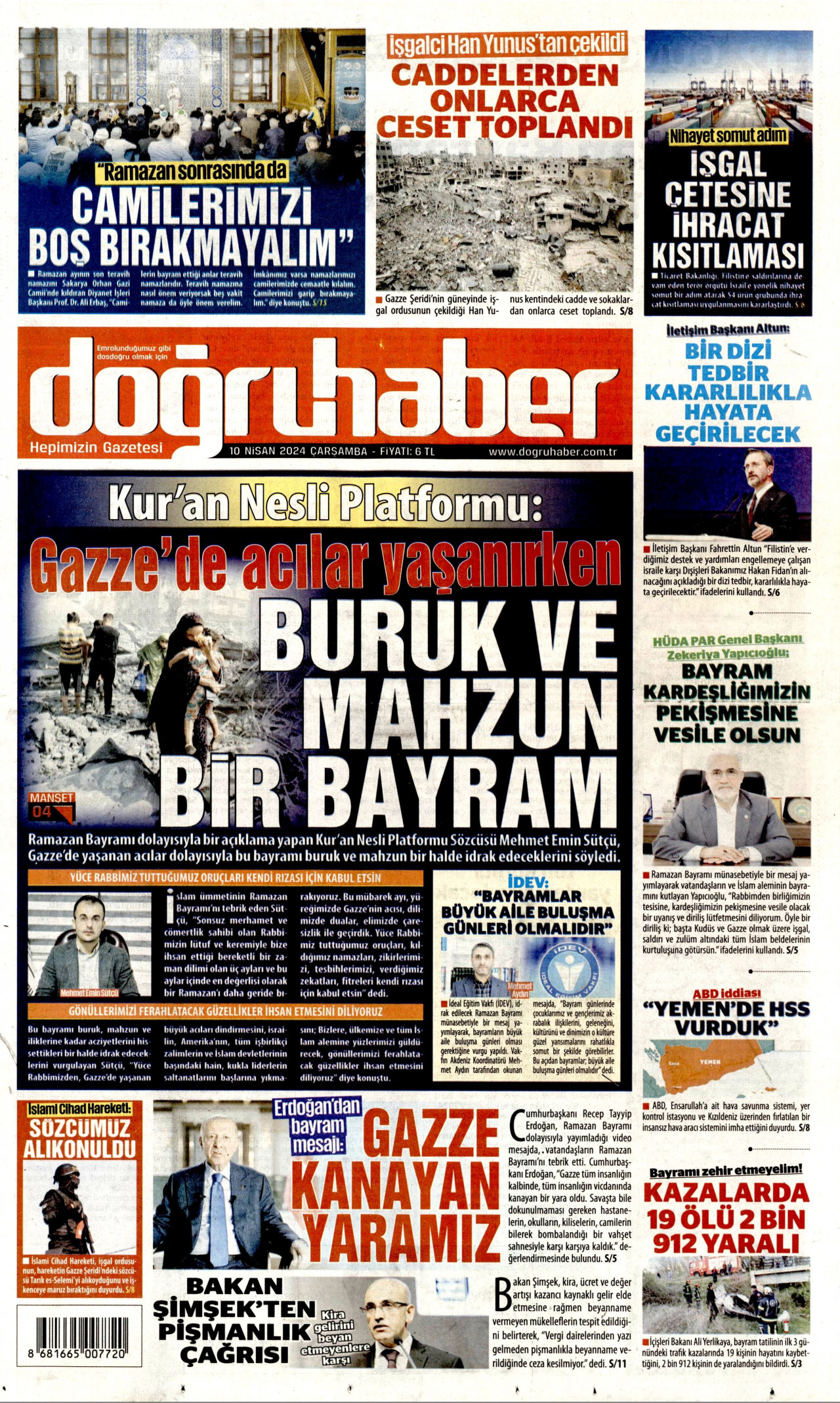 DOĞRU HABER gazetesinin 10 Nisan 2024 tarihli birinci sayfası