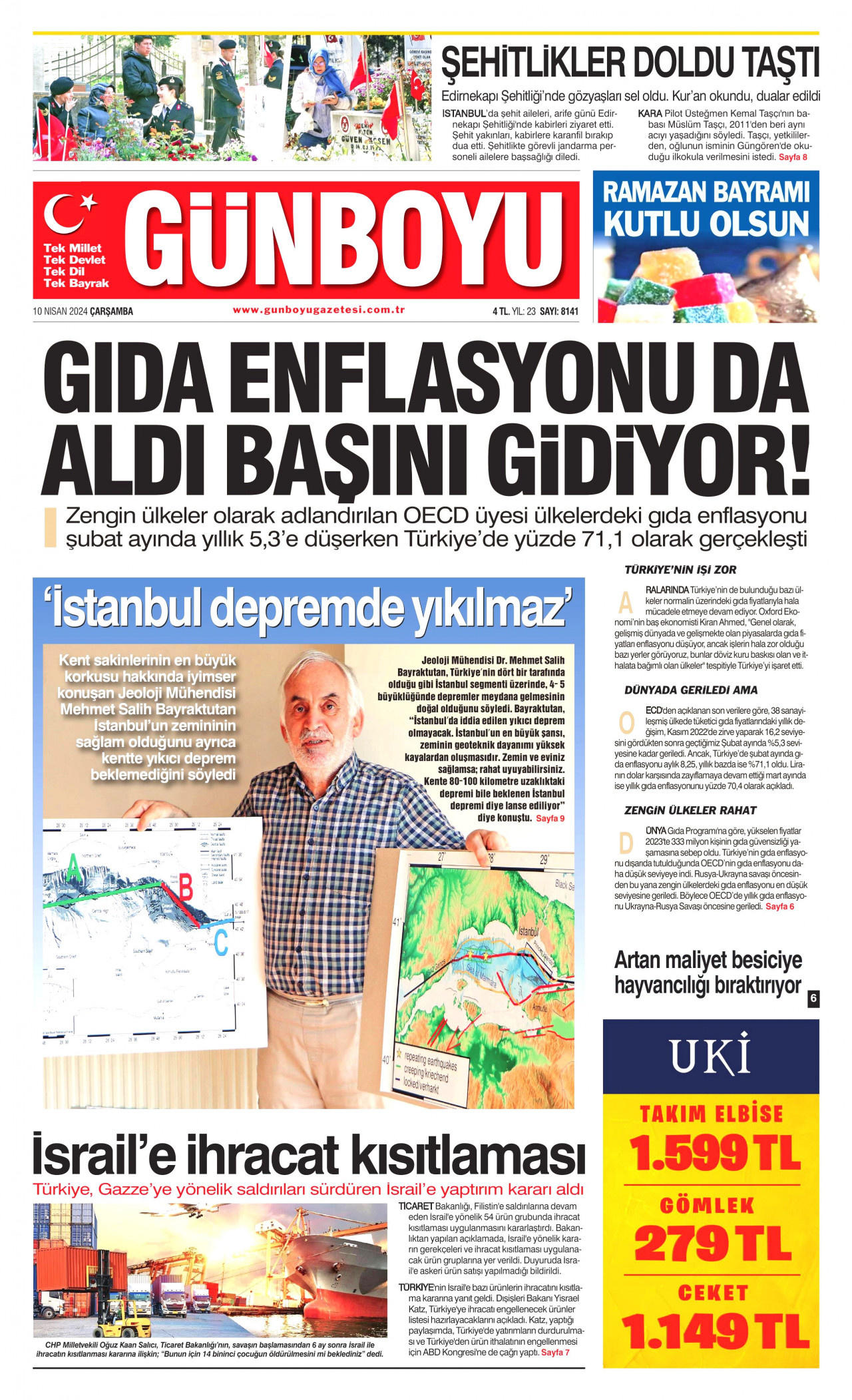 GÜNBOYU gazetesinin 10 Nisan 2024 tarihli birinci sayfası