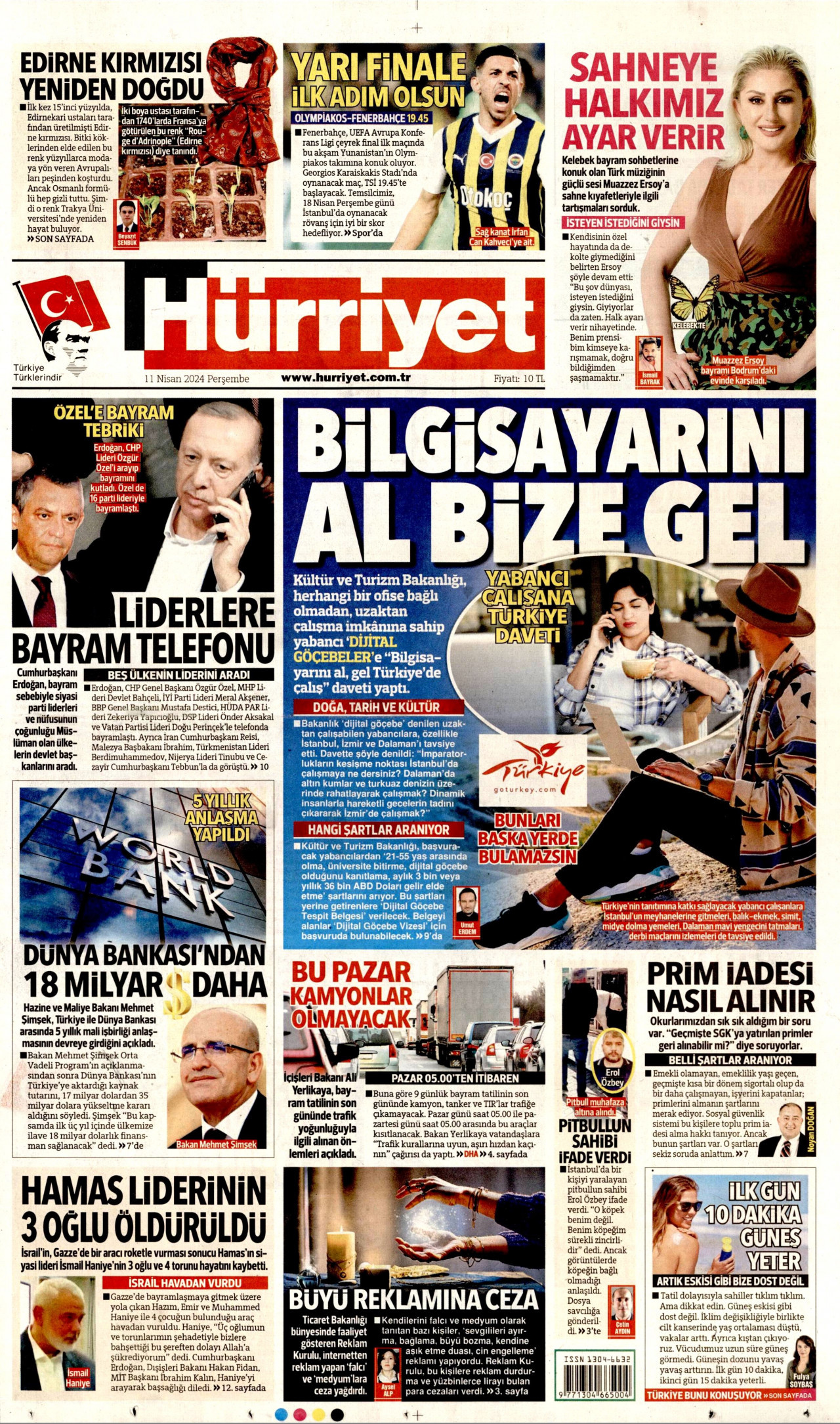 HÜRRİYET gazetesinin 11 Nisan 2024 tarihli birinci sayfası