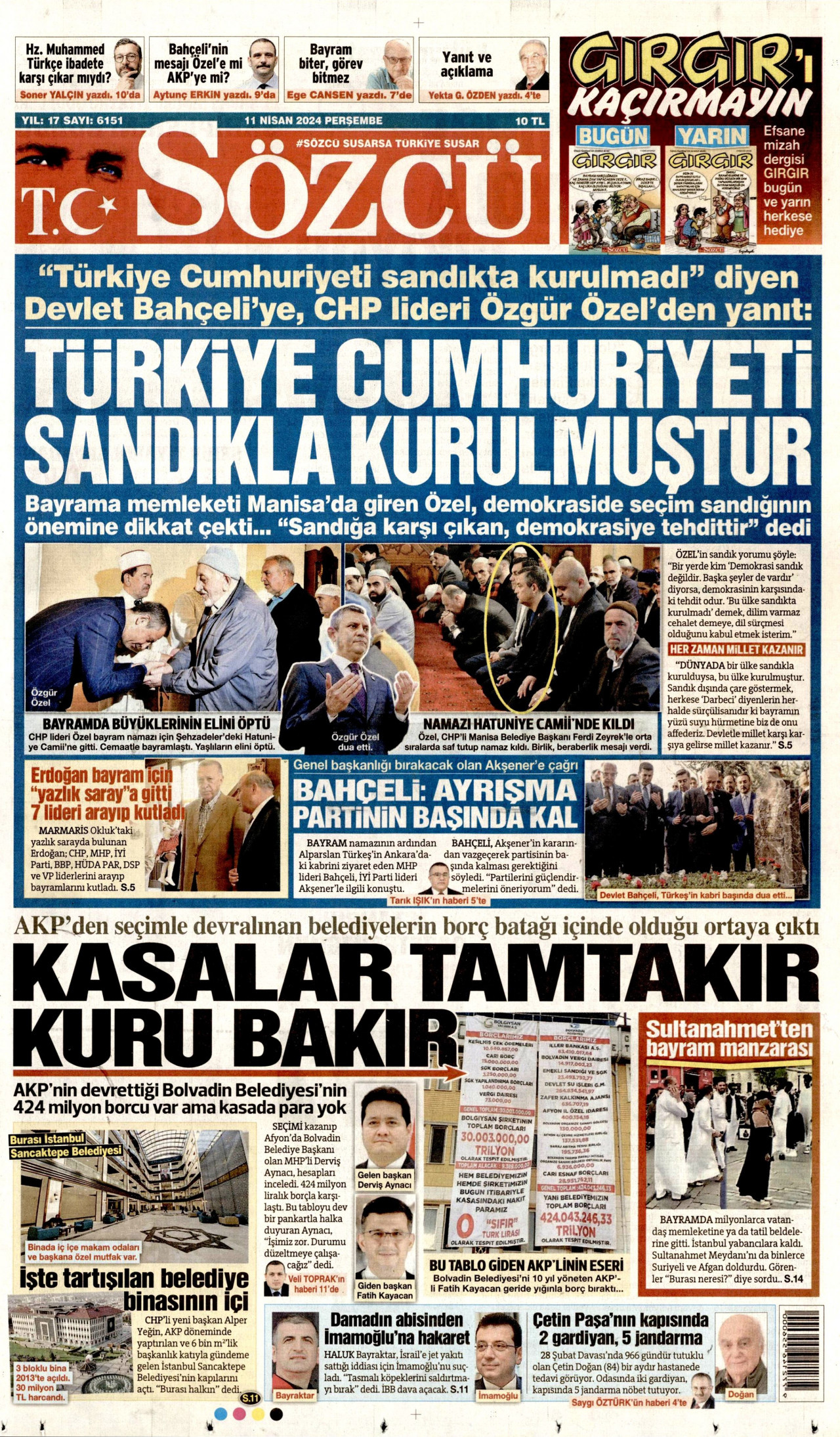 SÖZCÜ gazetesinin 11 Nisan 2024 tarihli birinci sayfası