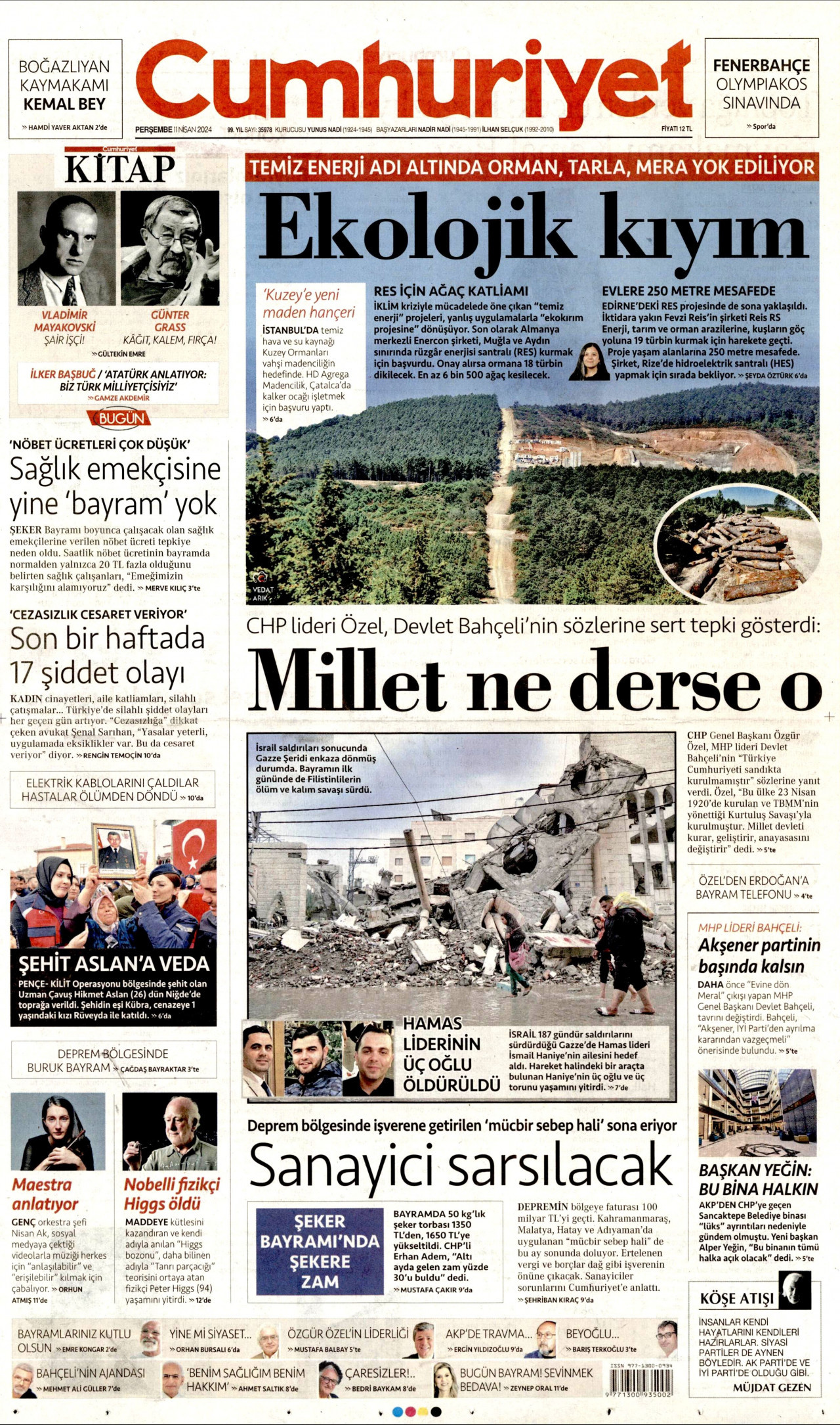 CUMHURİYET gazetesinin 11 Nisan 2024 tarihli birinci sayfası