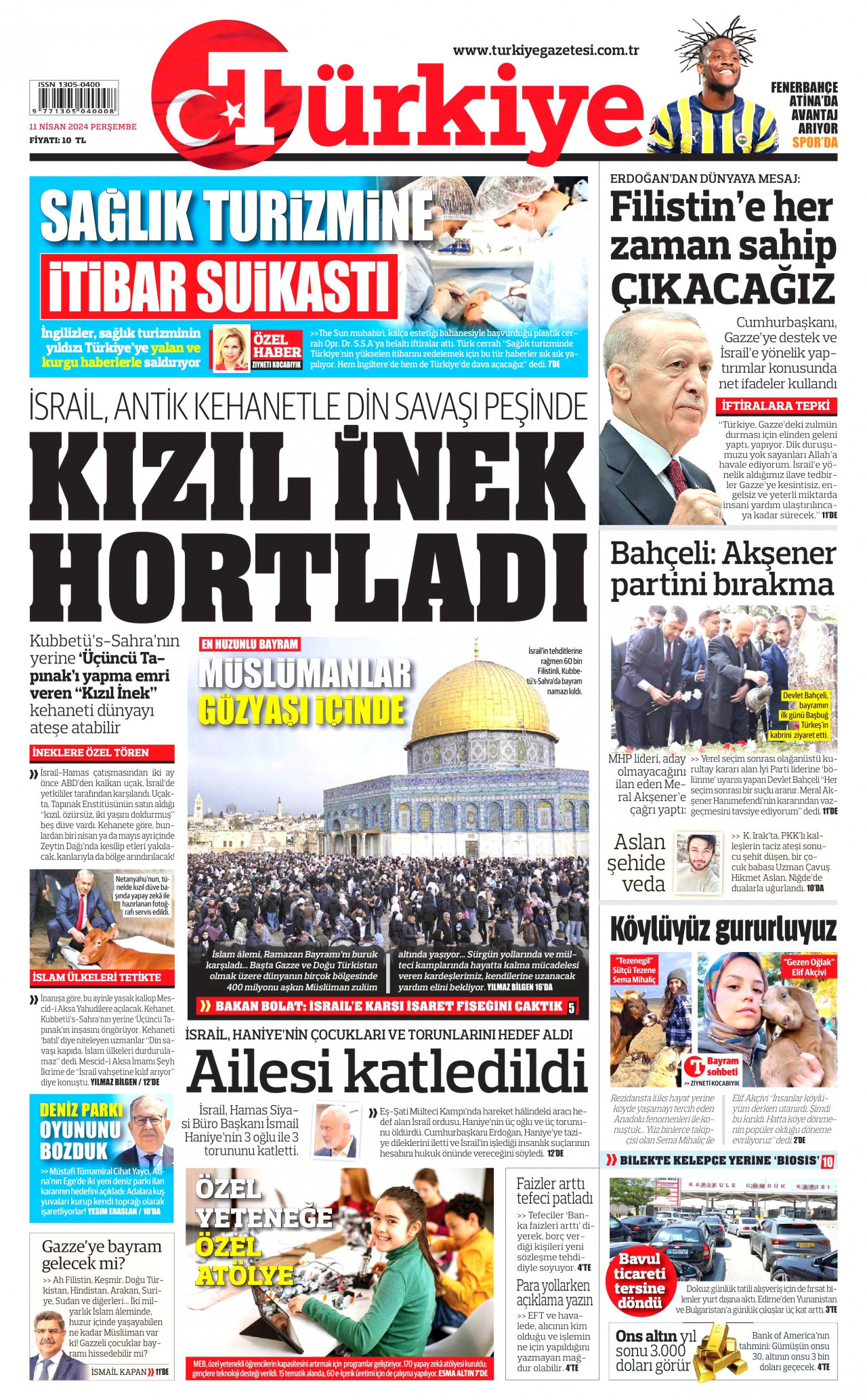 TÜRKİYE GAZETESİ gazetesinin 11 Nisan 2024 tarihli birinci sayfası