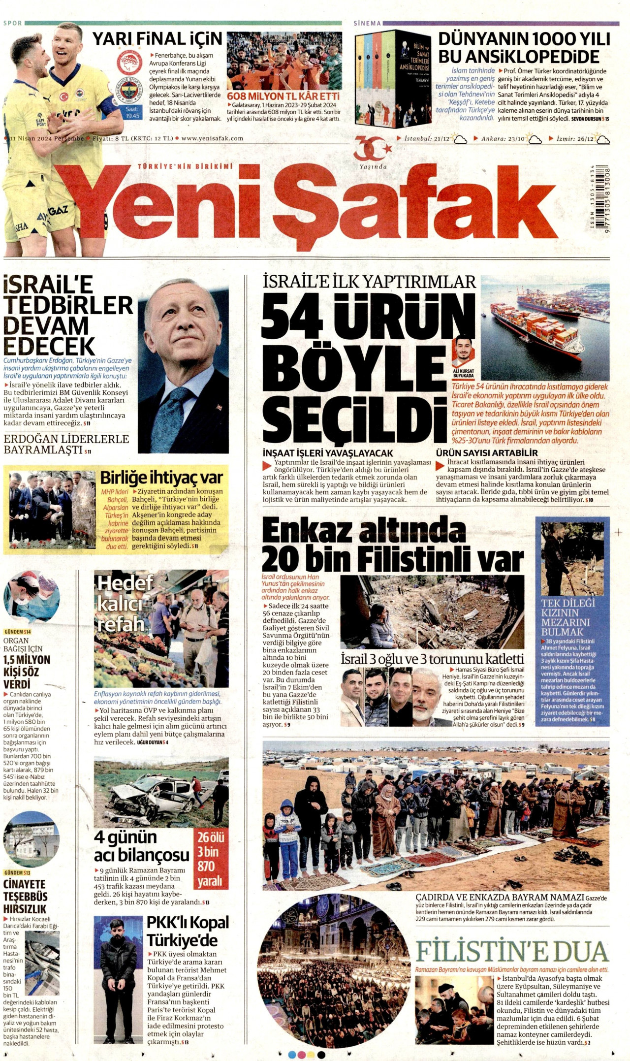 YENİ ŞAFAK gazetesinin 11 Nisan 2024 tarihli birinci sayfası