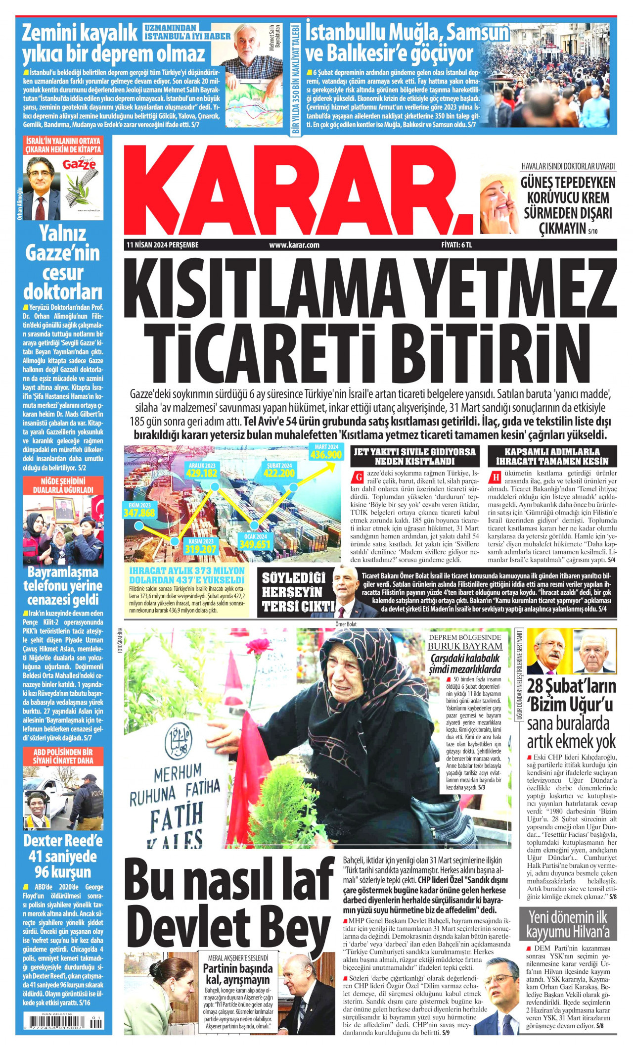 KARAR gazetesinin 11 Nisan 2024 tarihli birinci sayfası