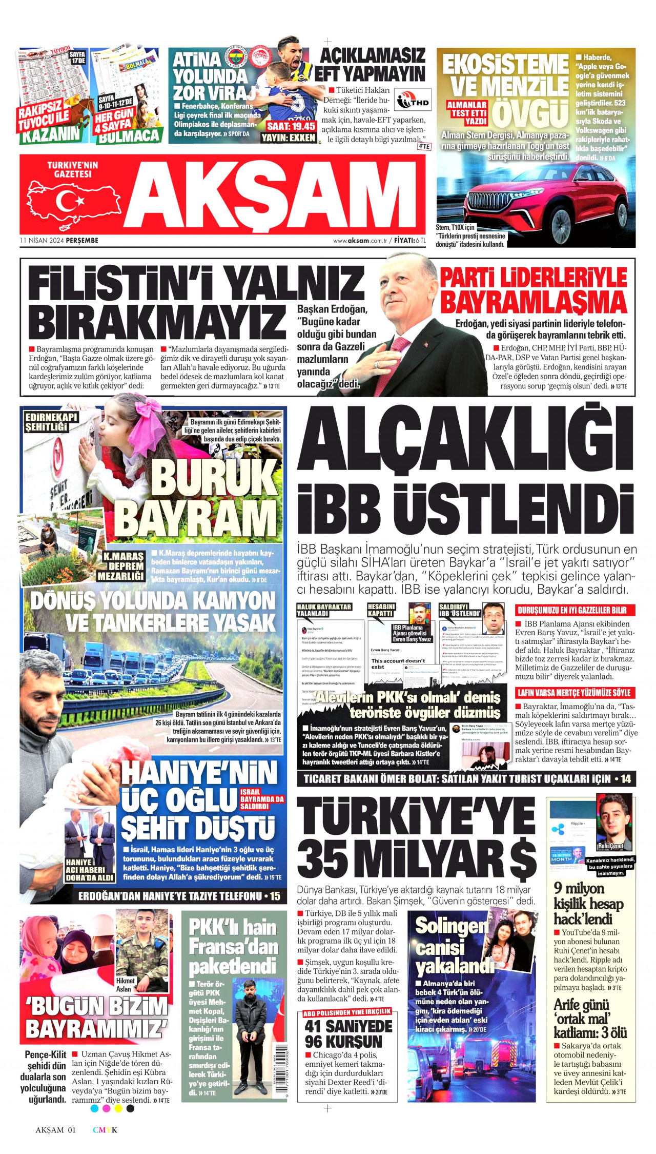 AKŞAM gazetesinin 11 Nisan 2024 tarihli birinci sayfası