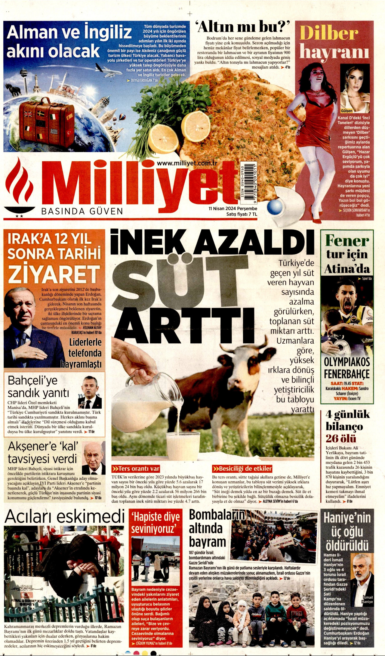 MİLLİYET gazetesinin 11 Nisan 2024 tarihli birinci sayfası