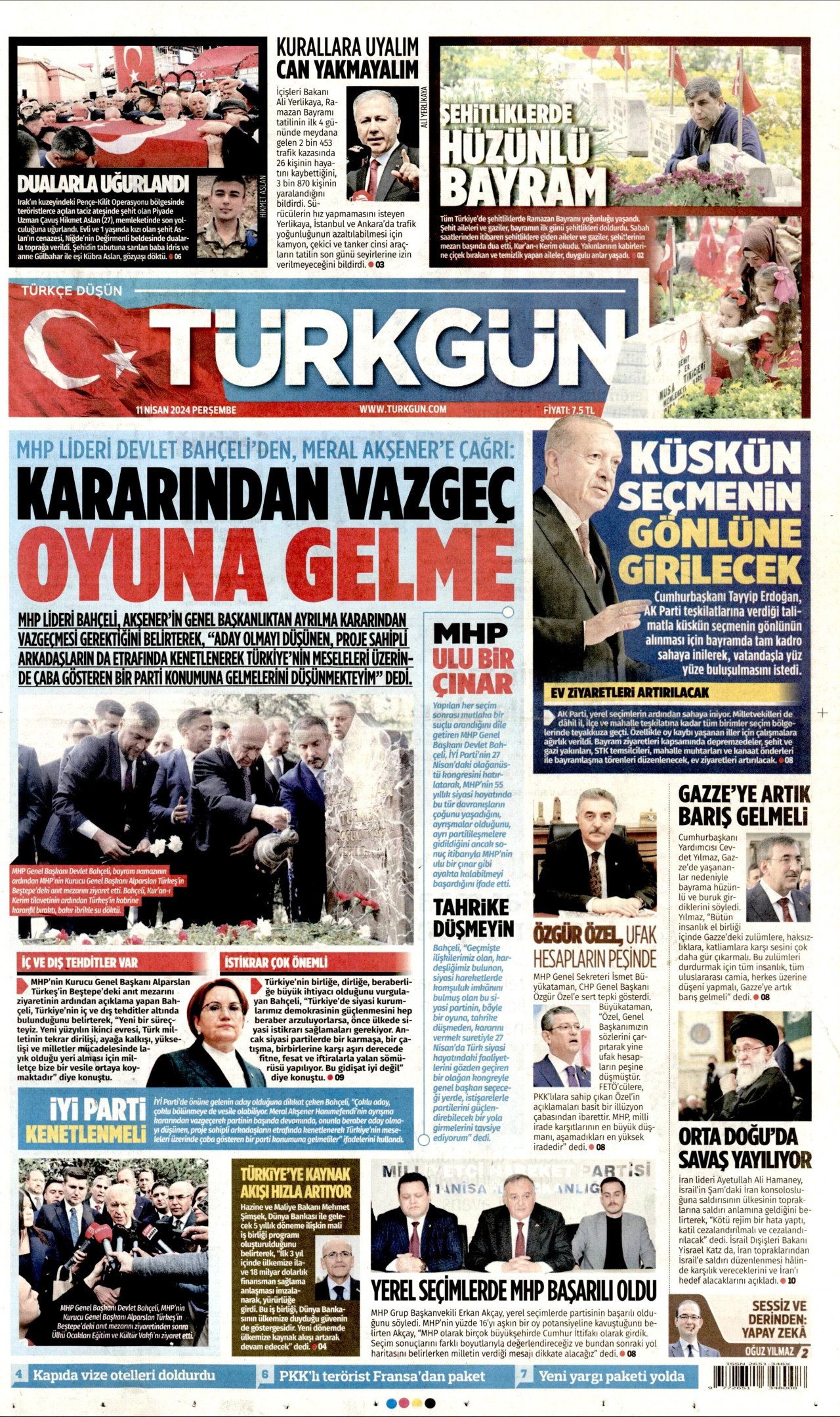 TÜRKGÜN gazetesinin 11 Nisan 2024 tarihli birinci sayfası