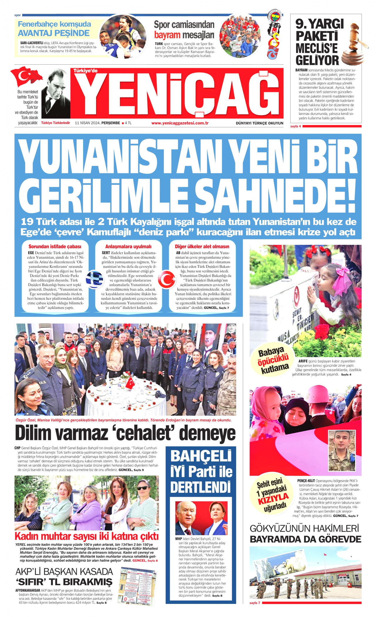 YENİÇAĞ gazetesinin 11 Nisan 2024 tarihli birinci sayfası
