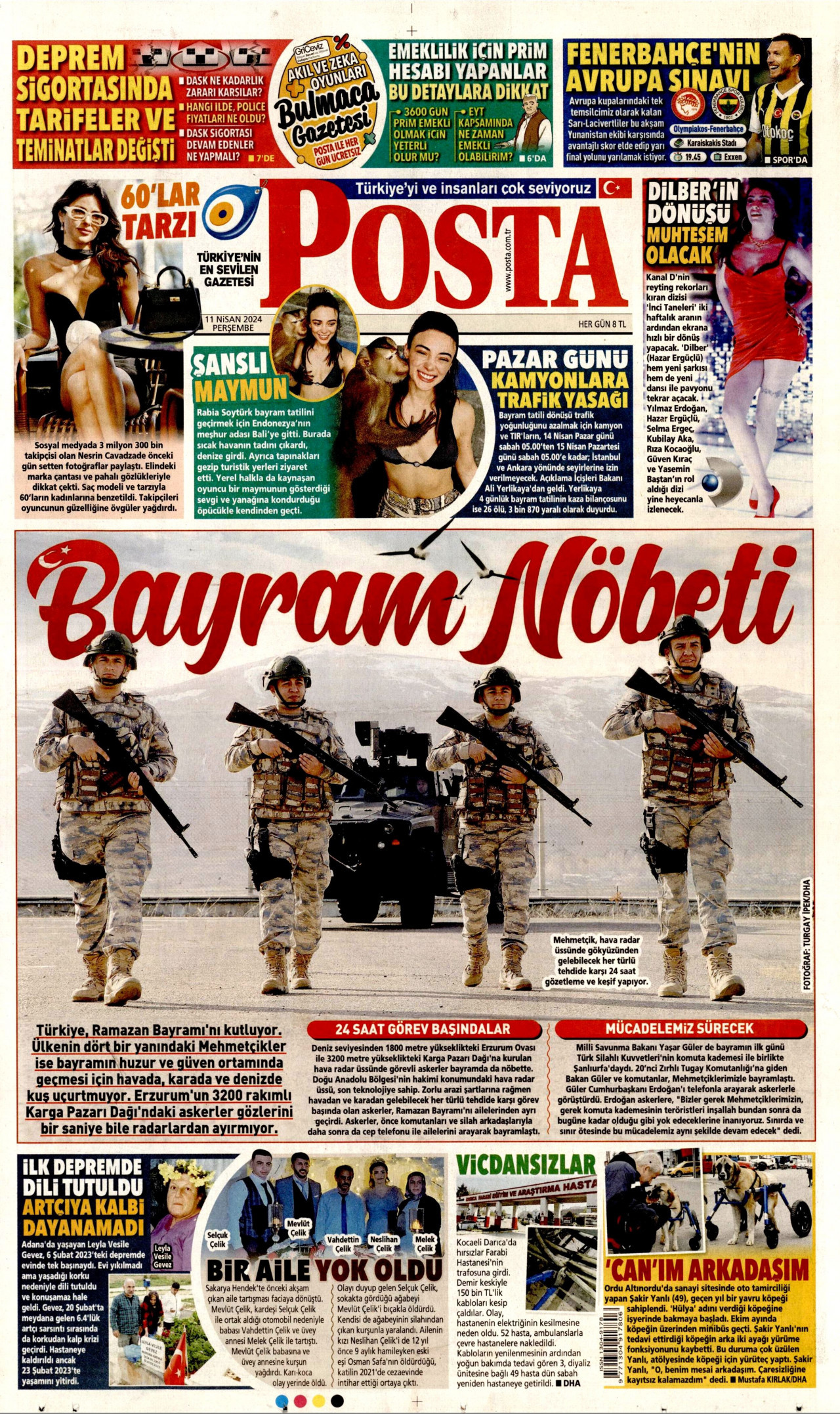 POSTA gazetesinin 11 Nisan 2024 tarihli birinci sayfası