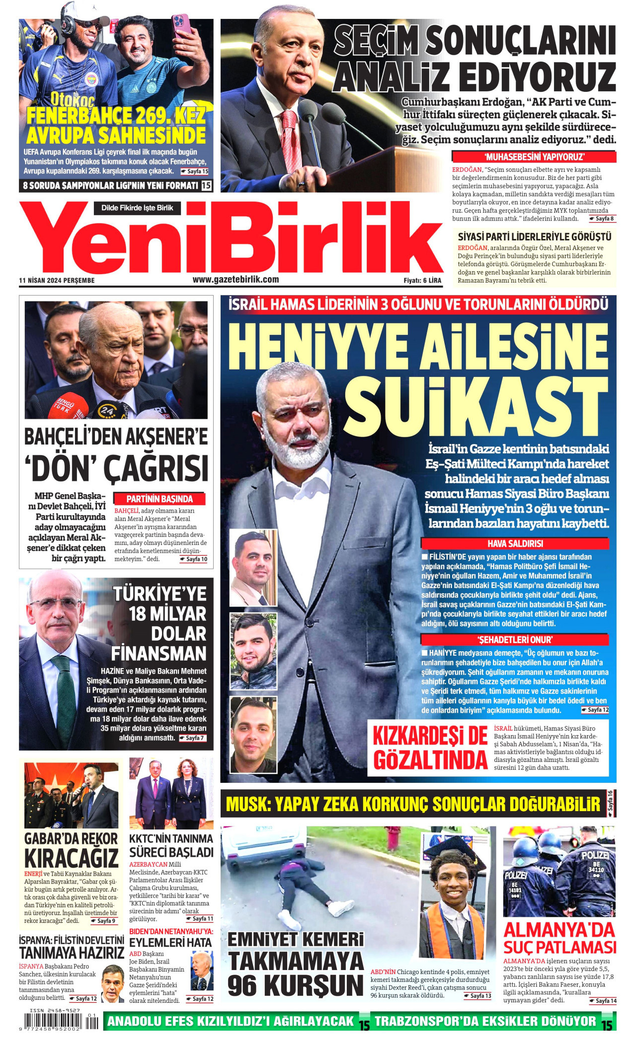 YENİBİRLİK gazetesinin 11 Nisan 2024 tarihli birinci sayfası