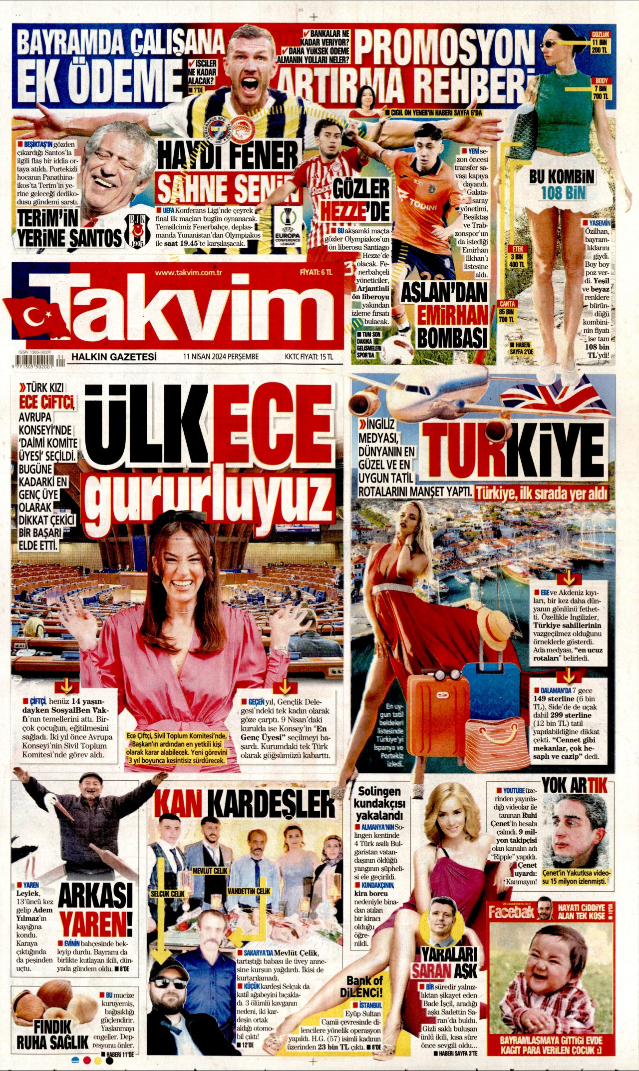 TAKVİM gazetesinin 11 Nisan 2024 tarihli birinci sayfası