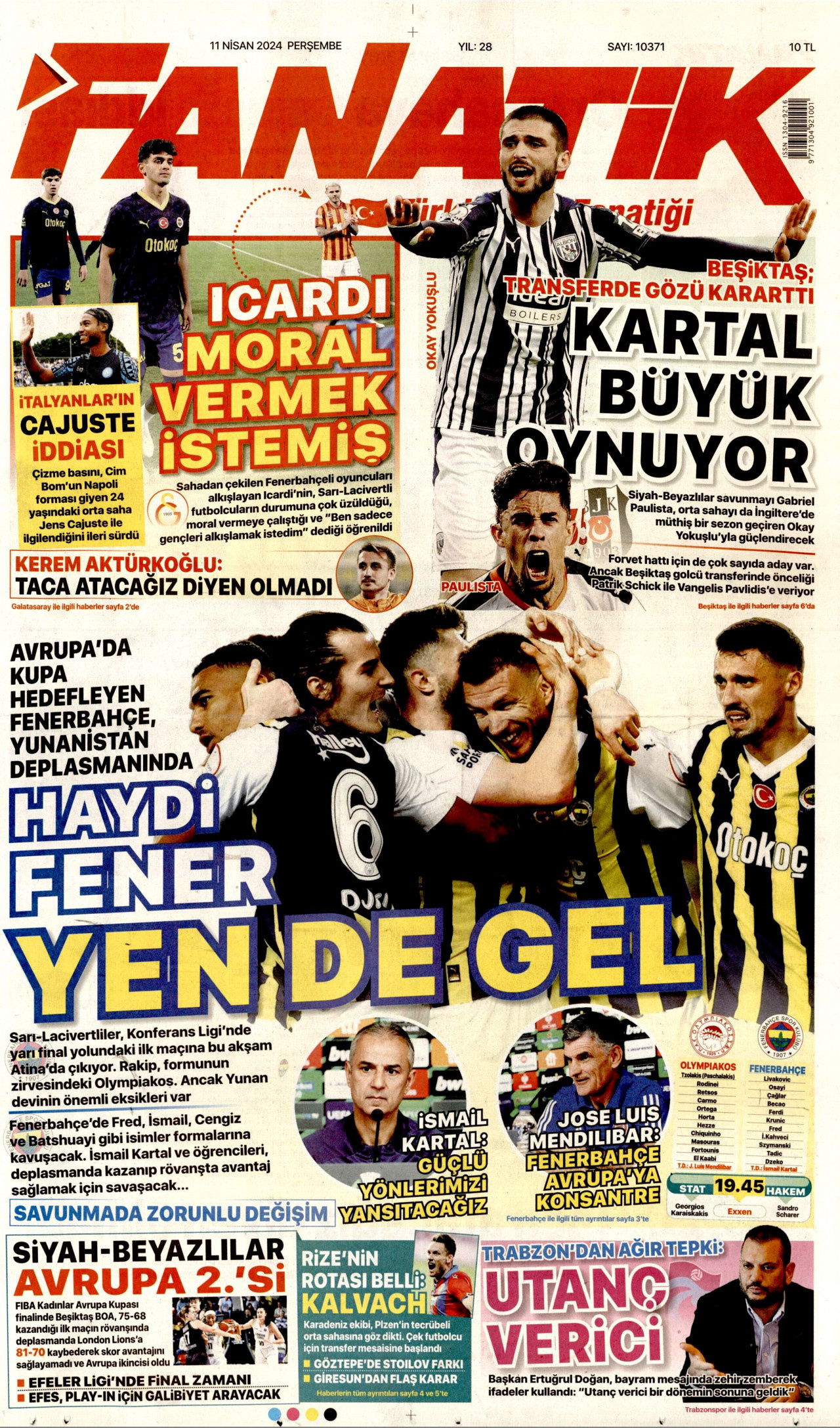 FANATİK gazetesinin 11 Nisan 2024 tarihli birinci sayfası