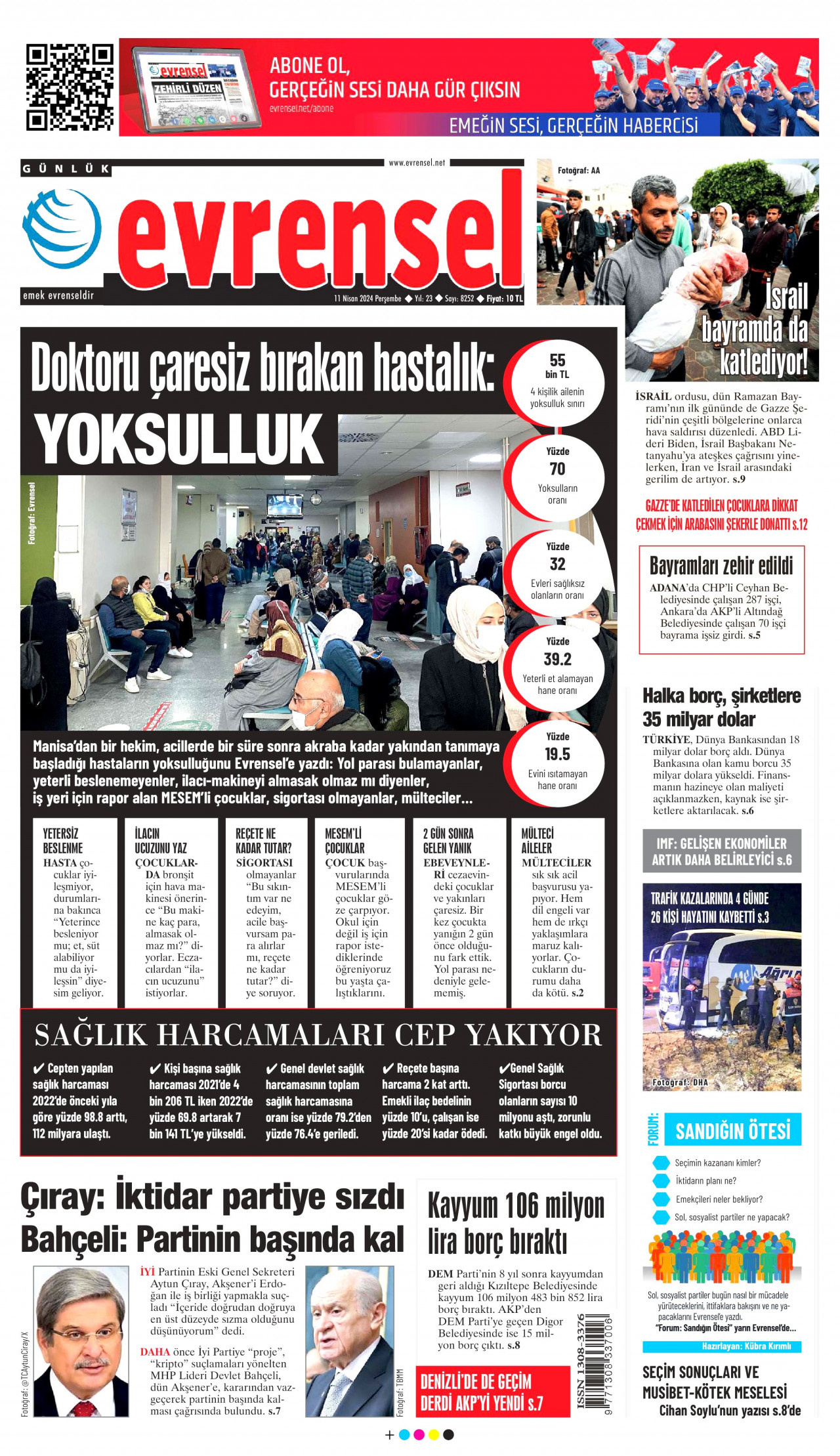 EVRENSEL gazetesinin 11 Nisan 2024 tarihli birinci sayfası