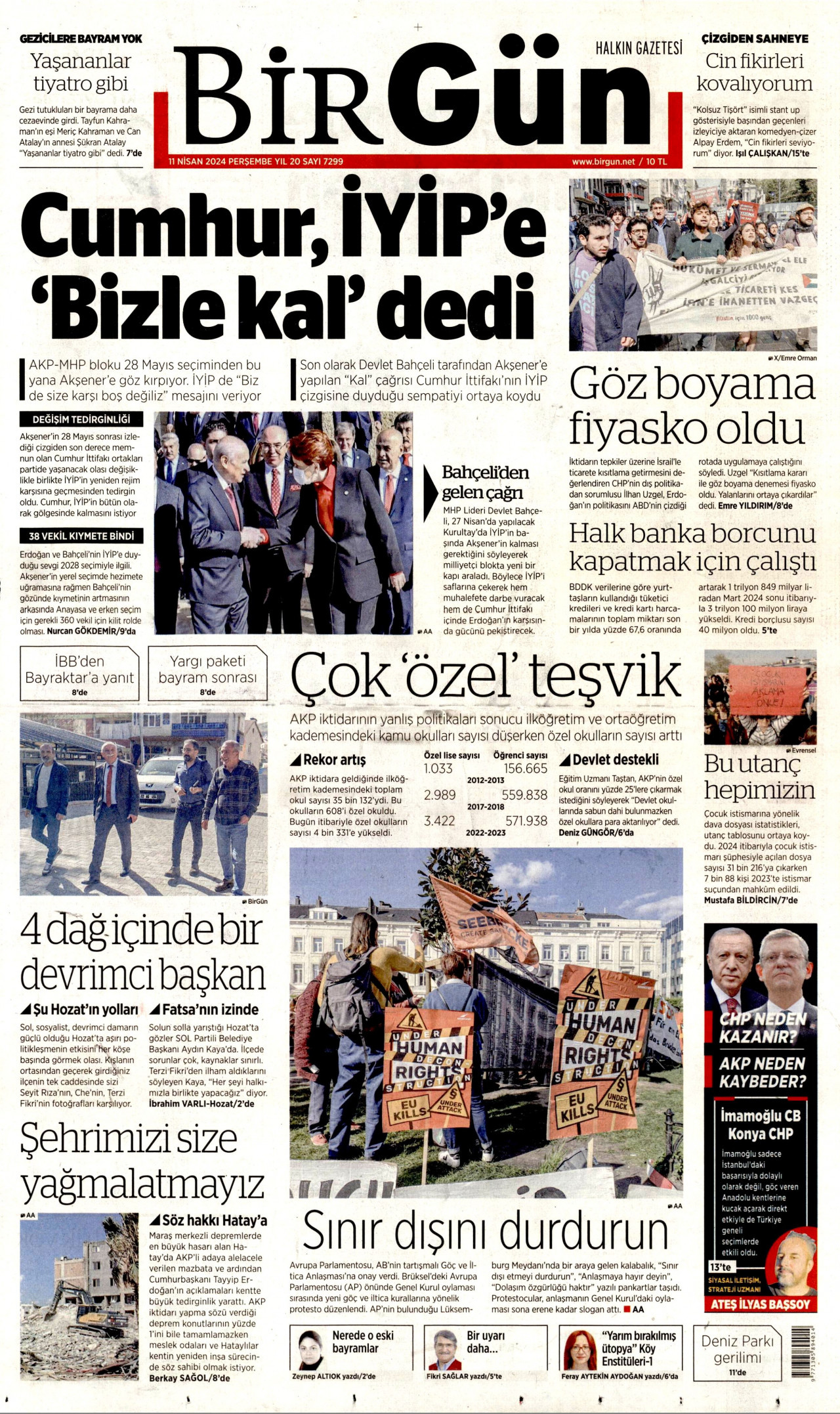 BİRGÜN gazetesinin 11 Nisan 2024 tarihli birinci sayfası