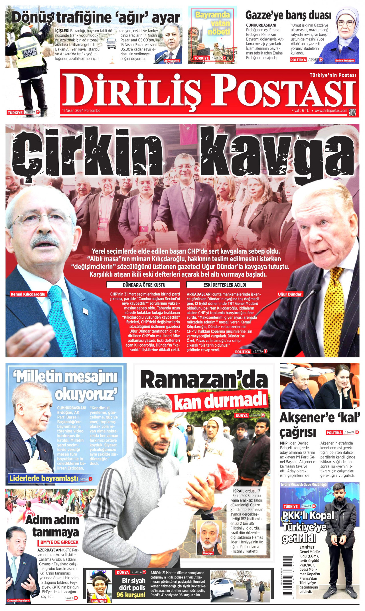 DİRİLİŞ POSTASI gazetesinin 11 Nisan 2024 tarihli birinci sayfası