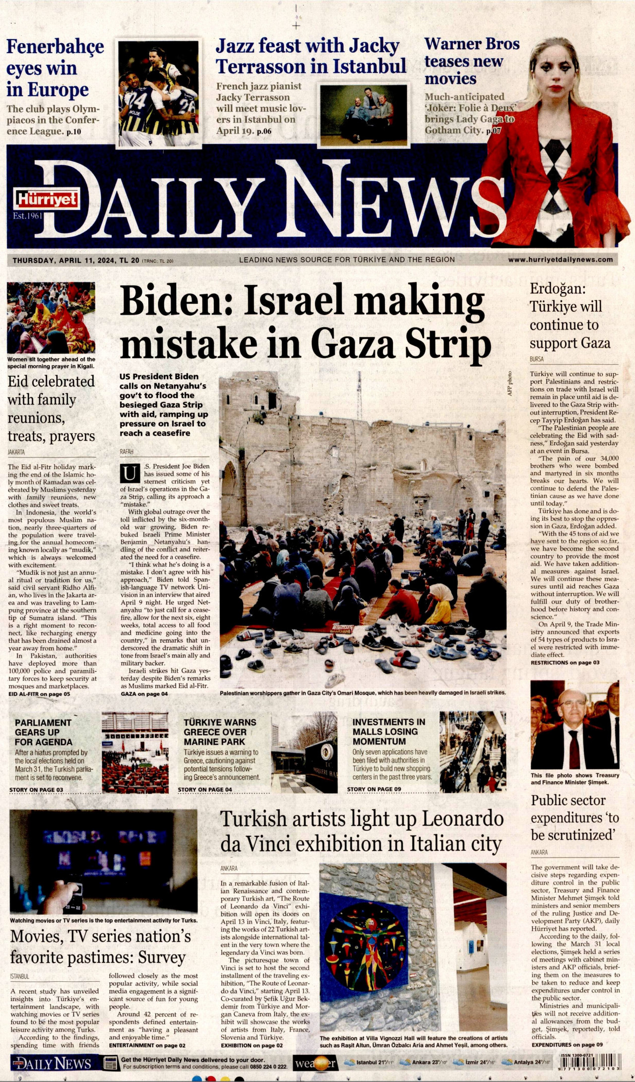 HÜRRİYET DAİLY NEWS gazetesinin 11 Nisan 2024 tarihli birinci sayfası