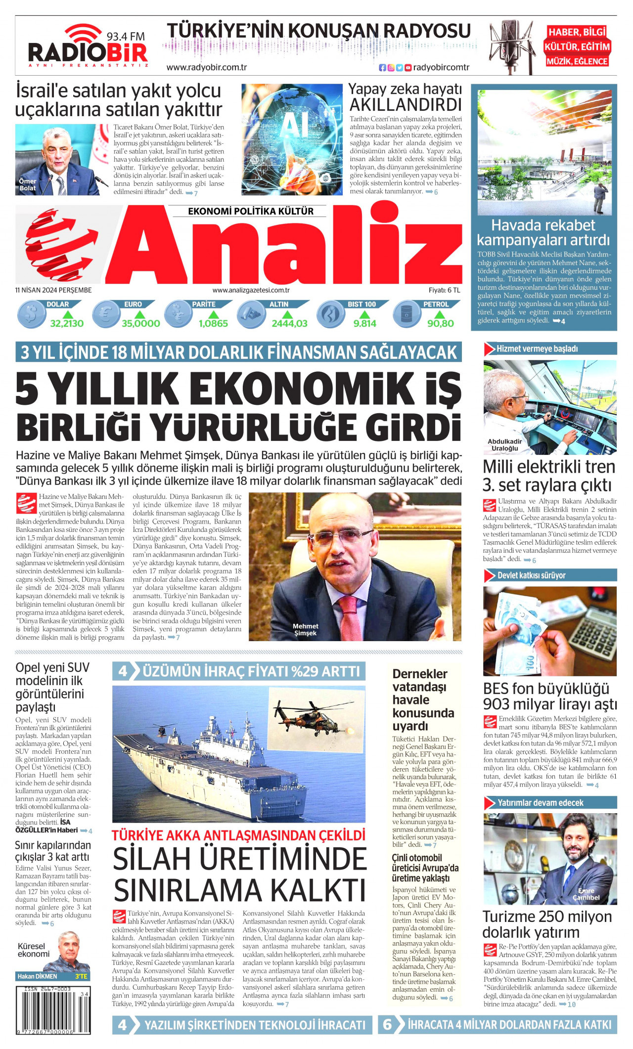 ANALİZ gazetesinin 11 Nisan 2024 tarihli birinci sayfası
