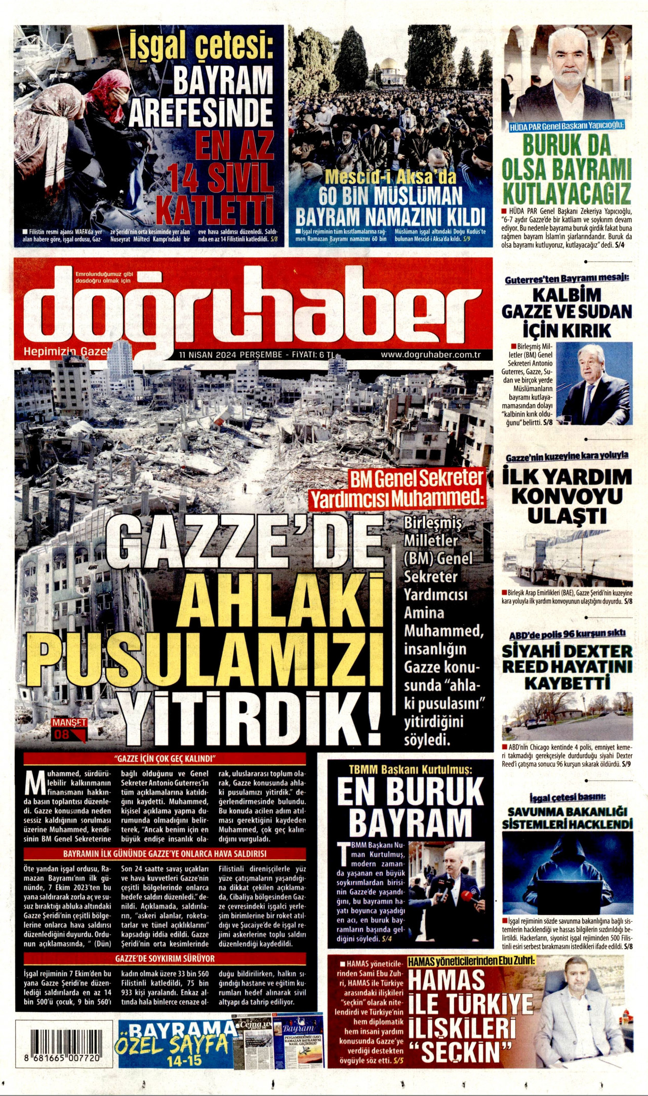 DOĞRU HABER gazetesinin 11 Nisan 2024 tarihli birinci sayfası