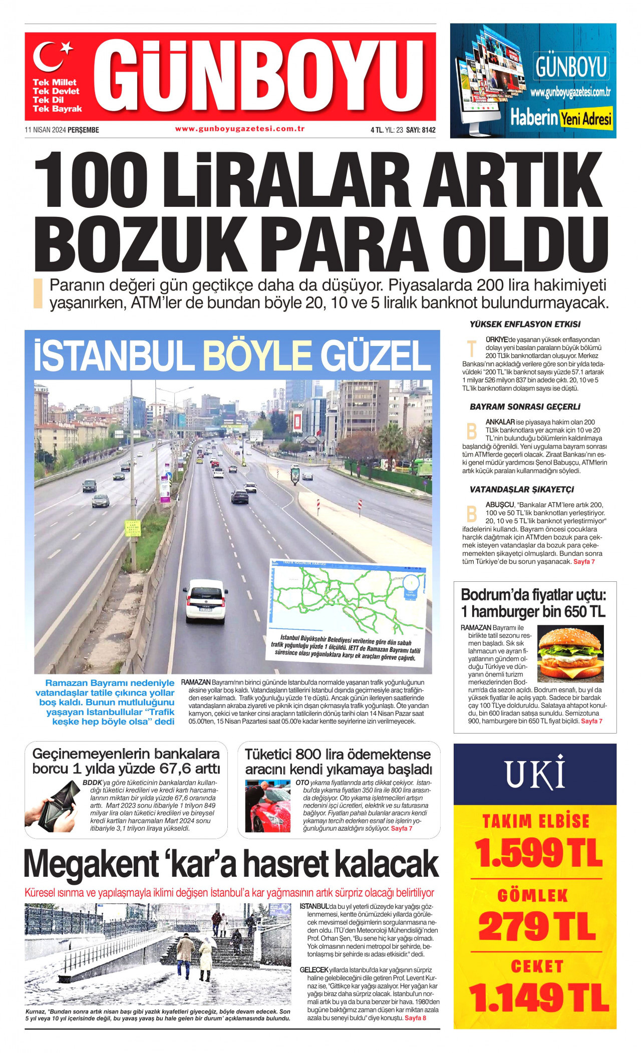 GÜNBOYU gazetesinin 11 Nisan 2024 tarihli birinci sayfası
