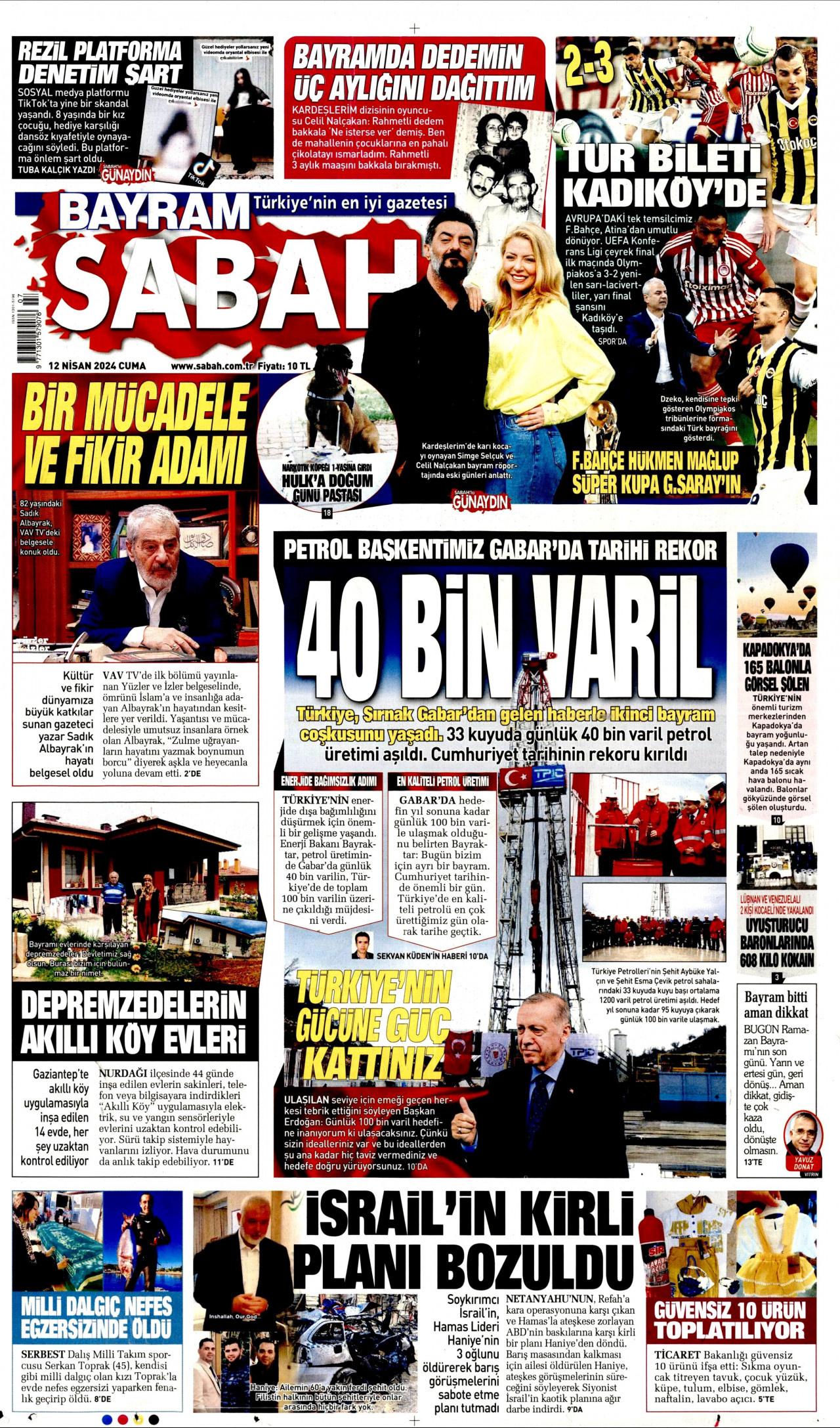 SABAH gazetesinin 12 Nisan 2024 tarihli birinci sayfası