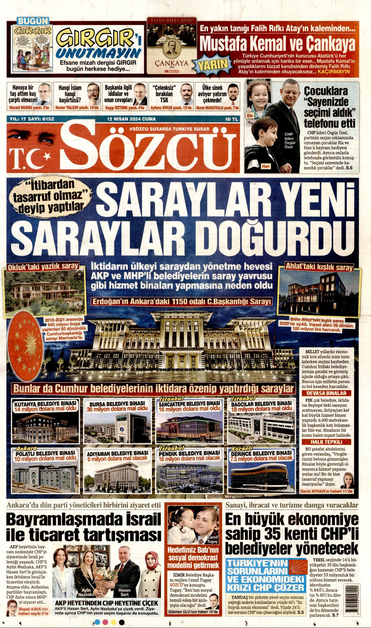 SÖZCÜ gazetesinin 12 Nisan 2024 tarihli birinci sayfası