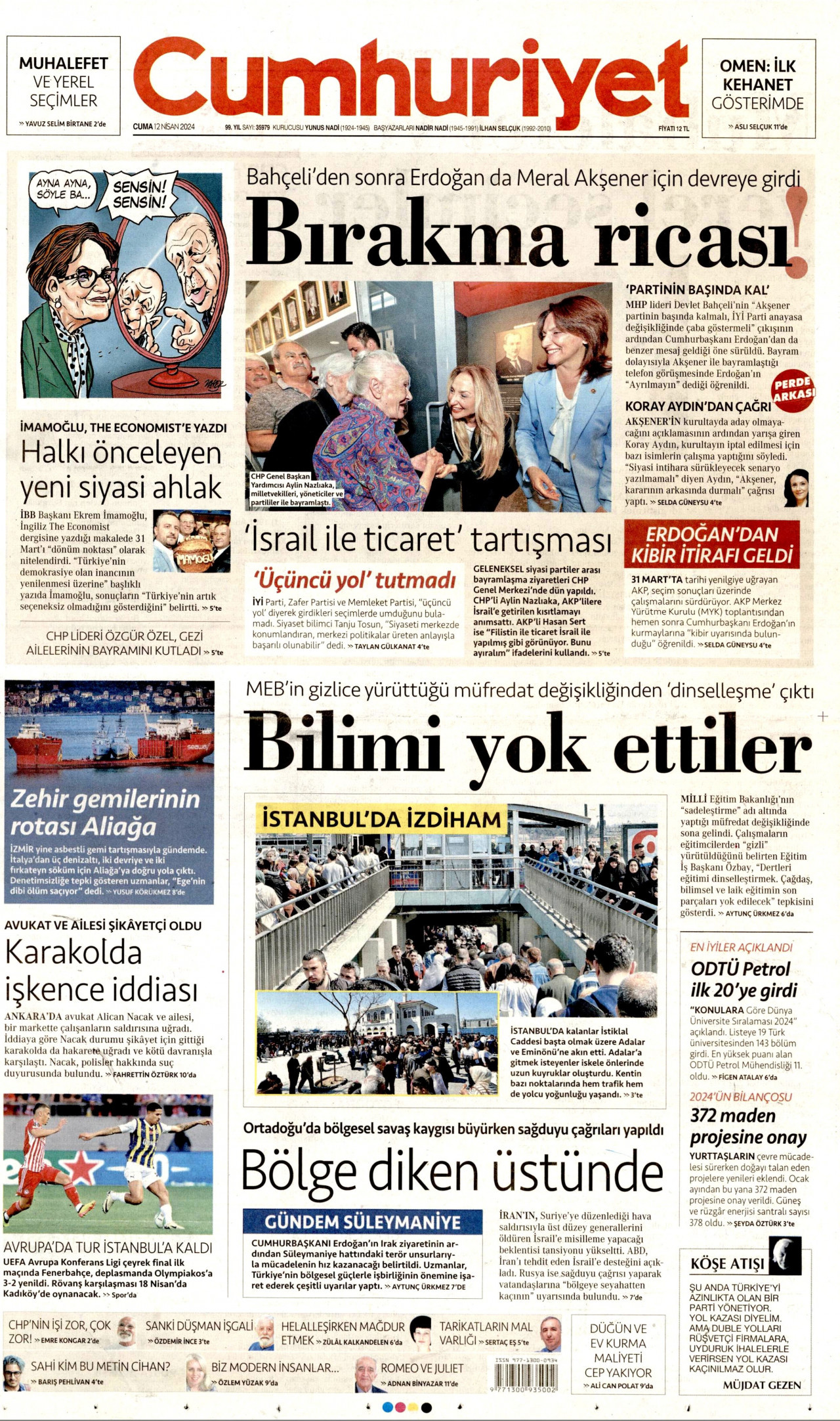 CUMHURİYET gazetesinin 12 Nisan 2024 tarihli birinci sayfası
