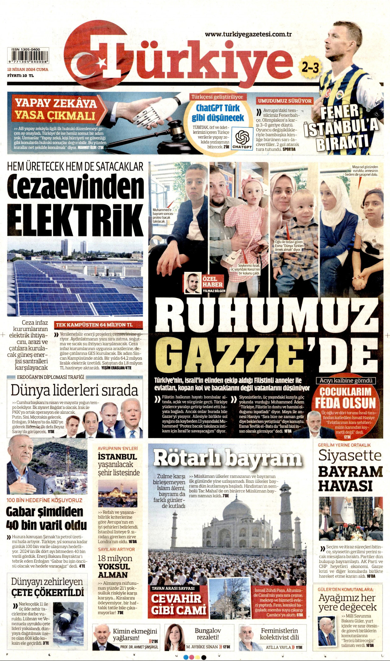 TÜRKİYE GAZETESİ gazetesinin 12 Nisan 2024 tarihli birinci sayfası