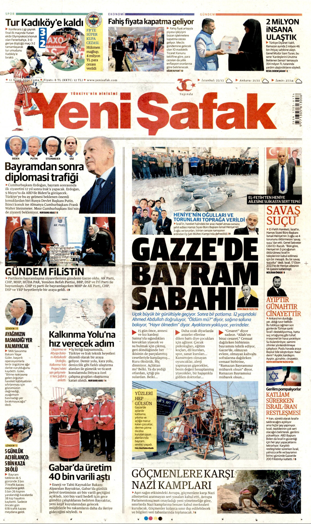 YENİ ŞAFAK gazetesinin 12 Nisan 2024 tarihli birinci sayfası