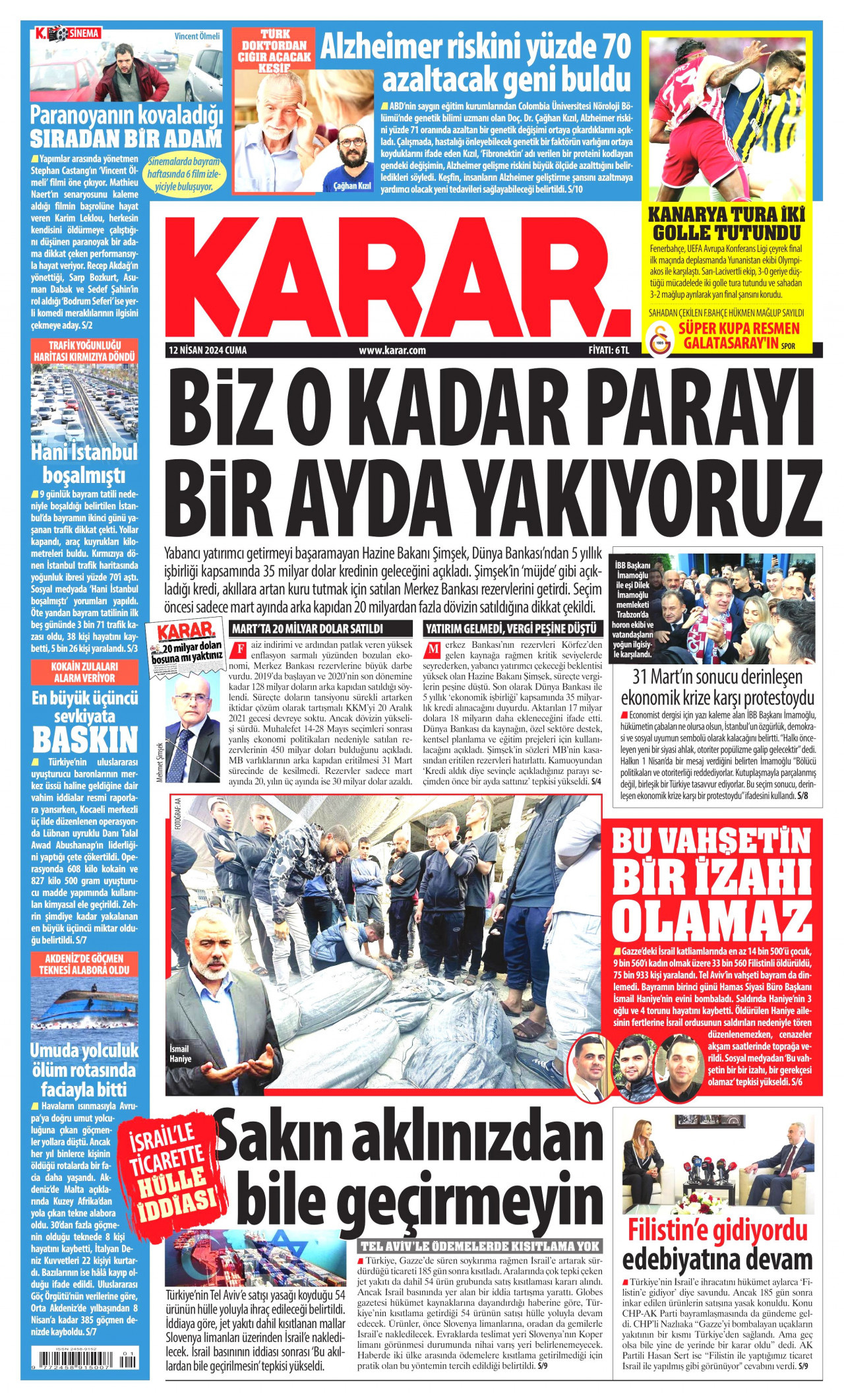 KARAR gazetesinin 12 Nisan 2024 tarihli birinci sayfası