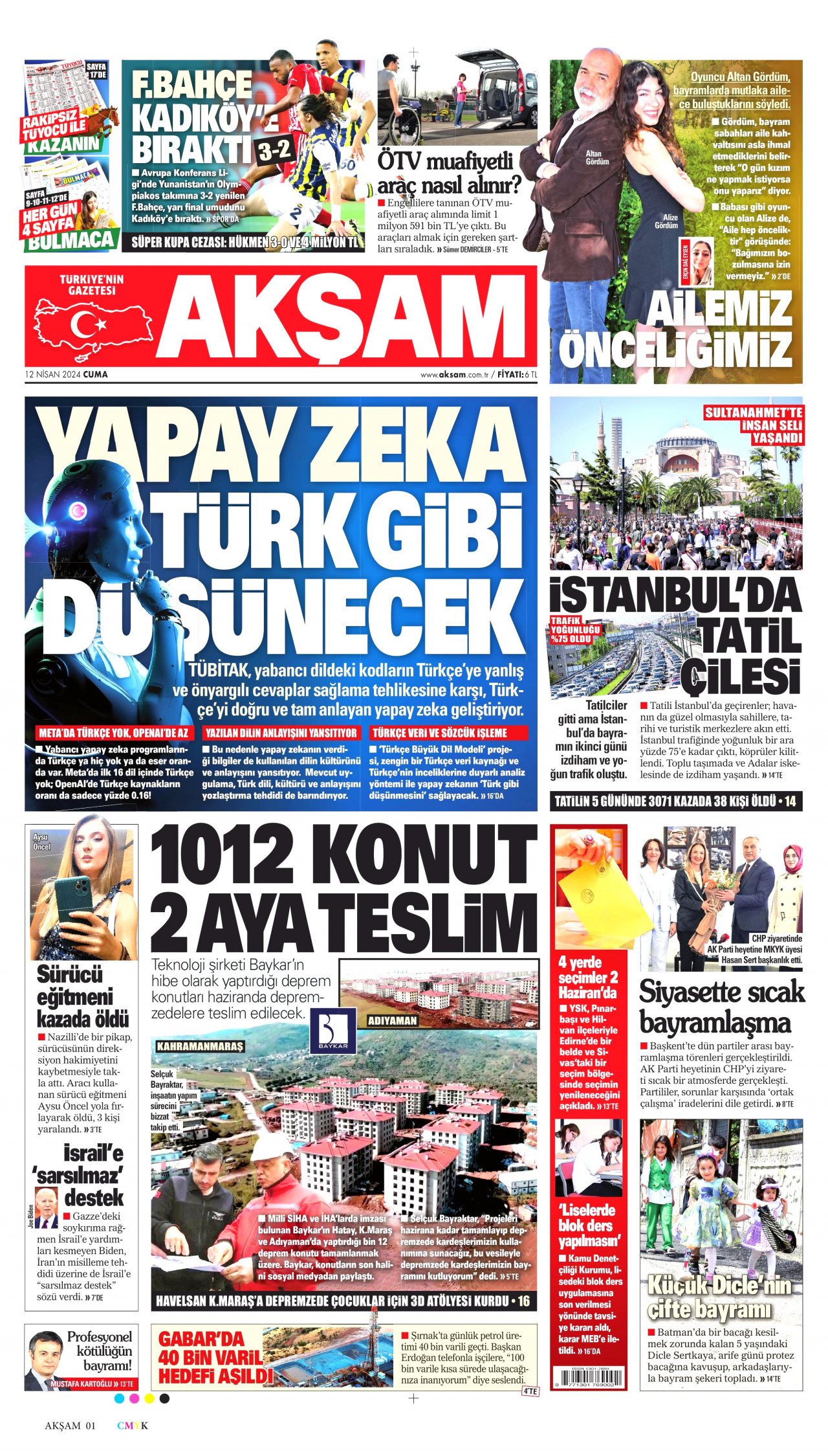 AKŞAM gazetesinin 12 Nisan 2024 tarihli birinci sayfası