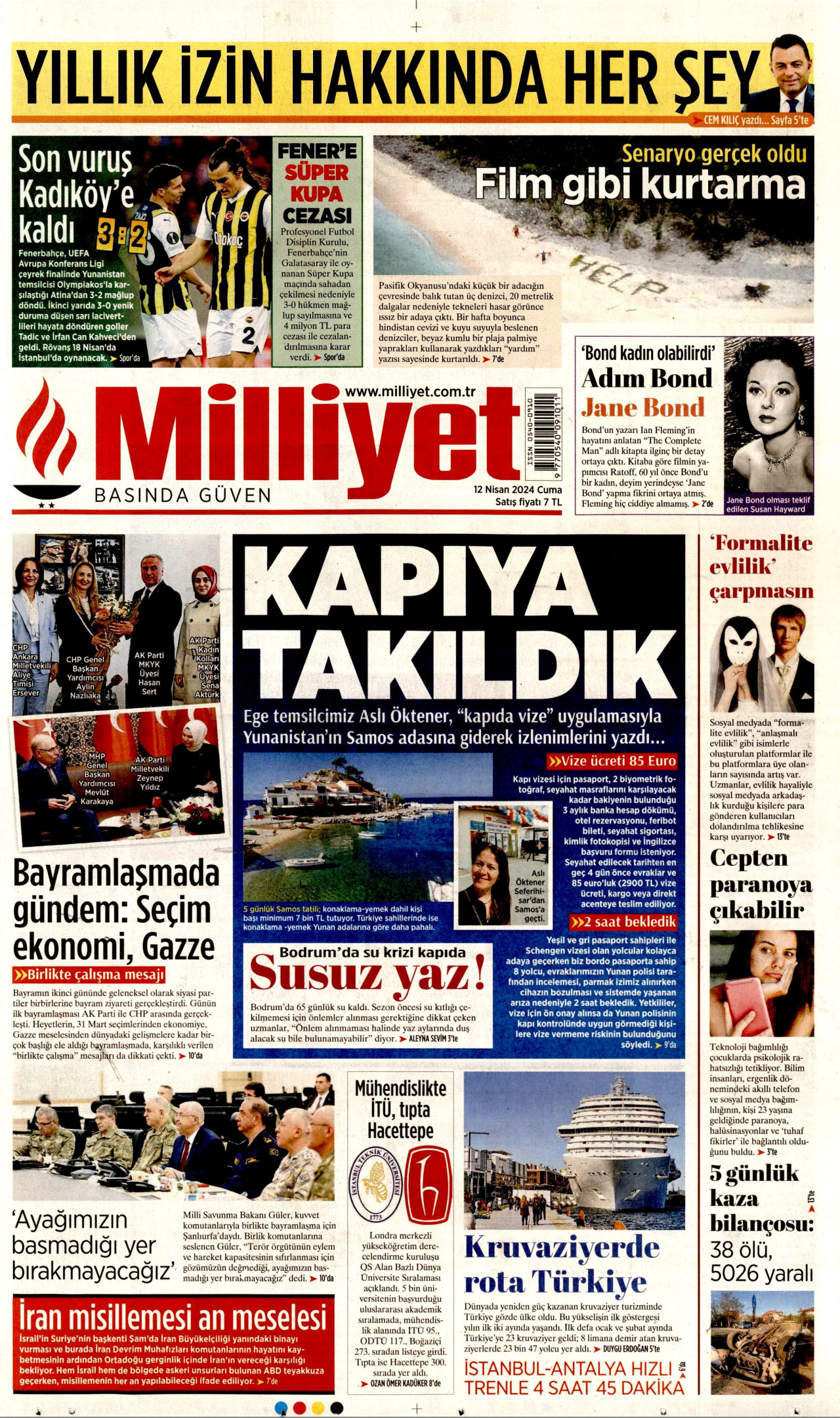 MİLLİYET gazetesinin 12 Nisan 2024 tarihli birinci sayfası