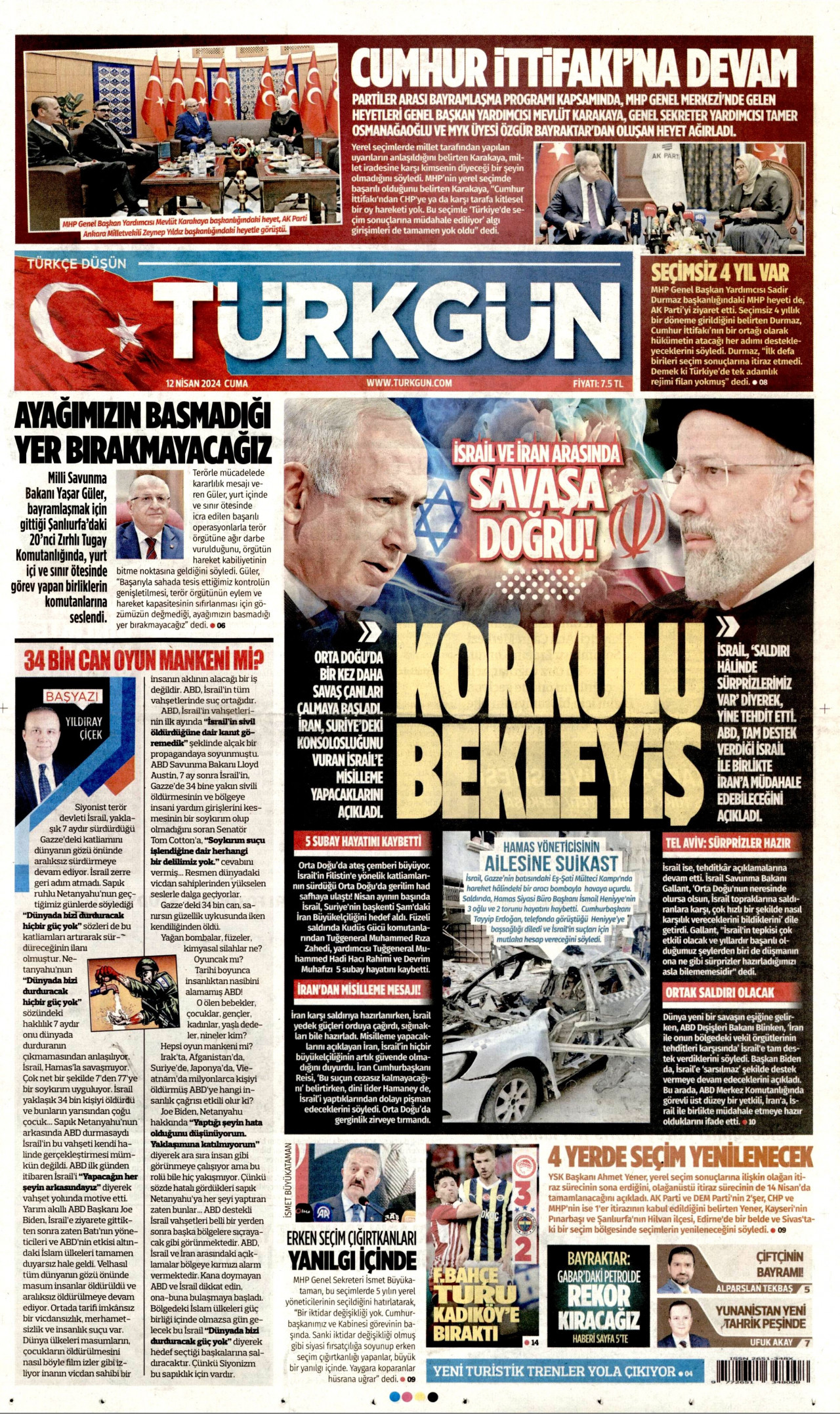 TÜRKGÜN gazetesinin 12 Nisan 2024 tarihli birinci sayfası