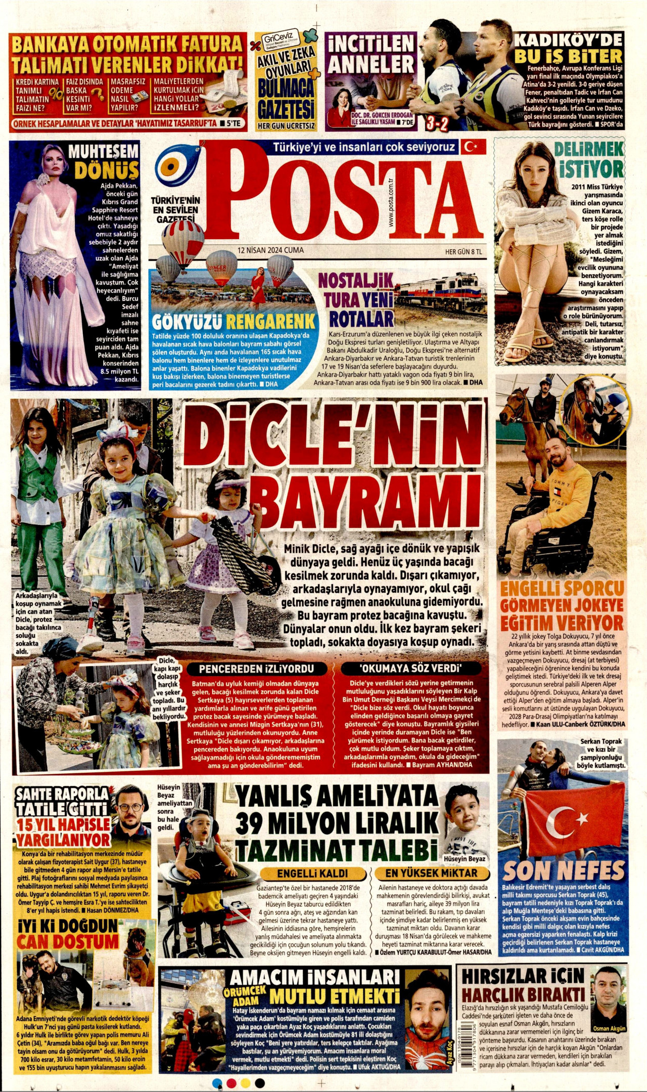 POSTA gazetesinin 12 Nisan 2024 tarihli birinci sayfası