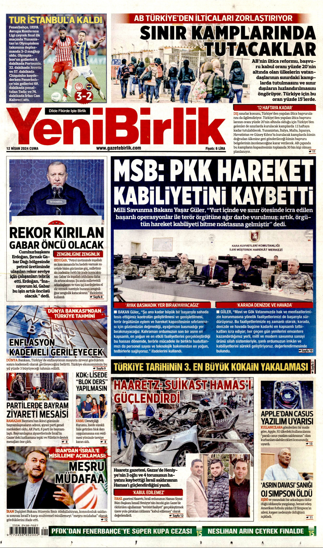 YENİBİRLİK gazetesinin 12 Nisan 2024 tarihli birinci sayfası