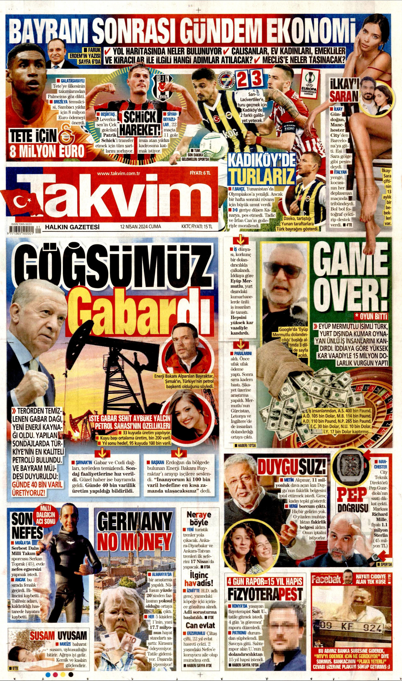 TAKVİM gazetesinin 12 Nisan 2024 tarihli birinci sayfası