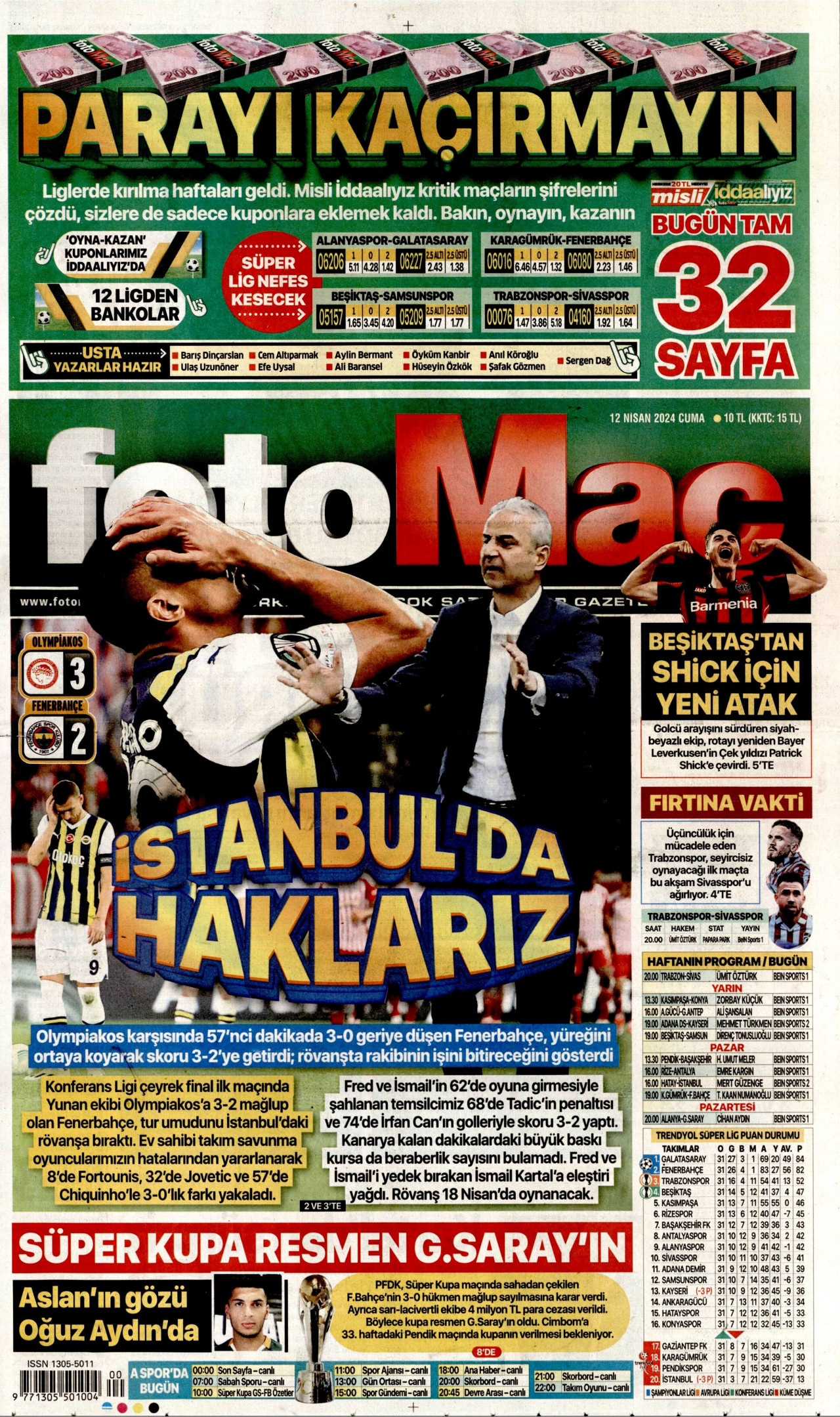 FOTOMAÇ gazetesinin 12 Nisan 2024 tarihli birinci sayfası