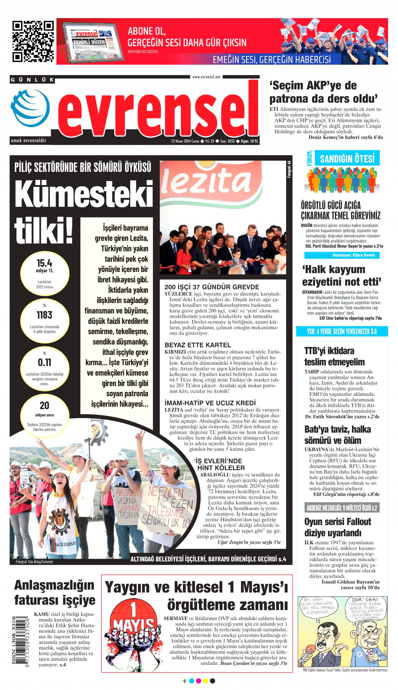 EVRENSEL gazetesinin 12 Nisan 2024 tarihli birinci sayfası