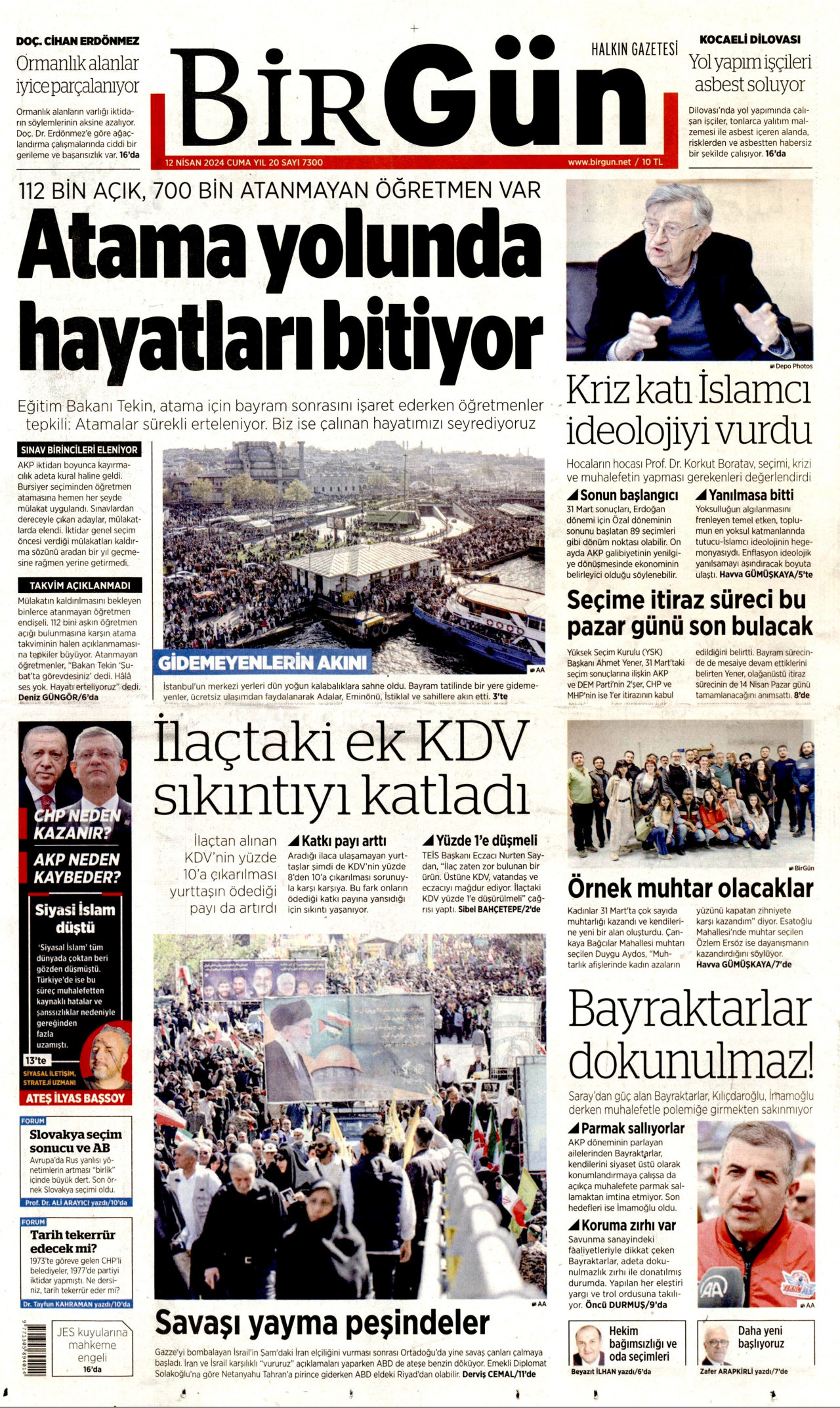 BİRGÜN gazetesinin 12 Nisan 2024 tarihli birinci sayfası