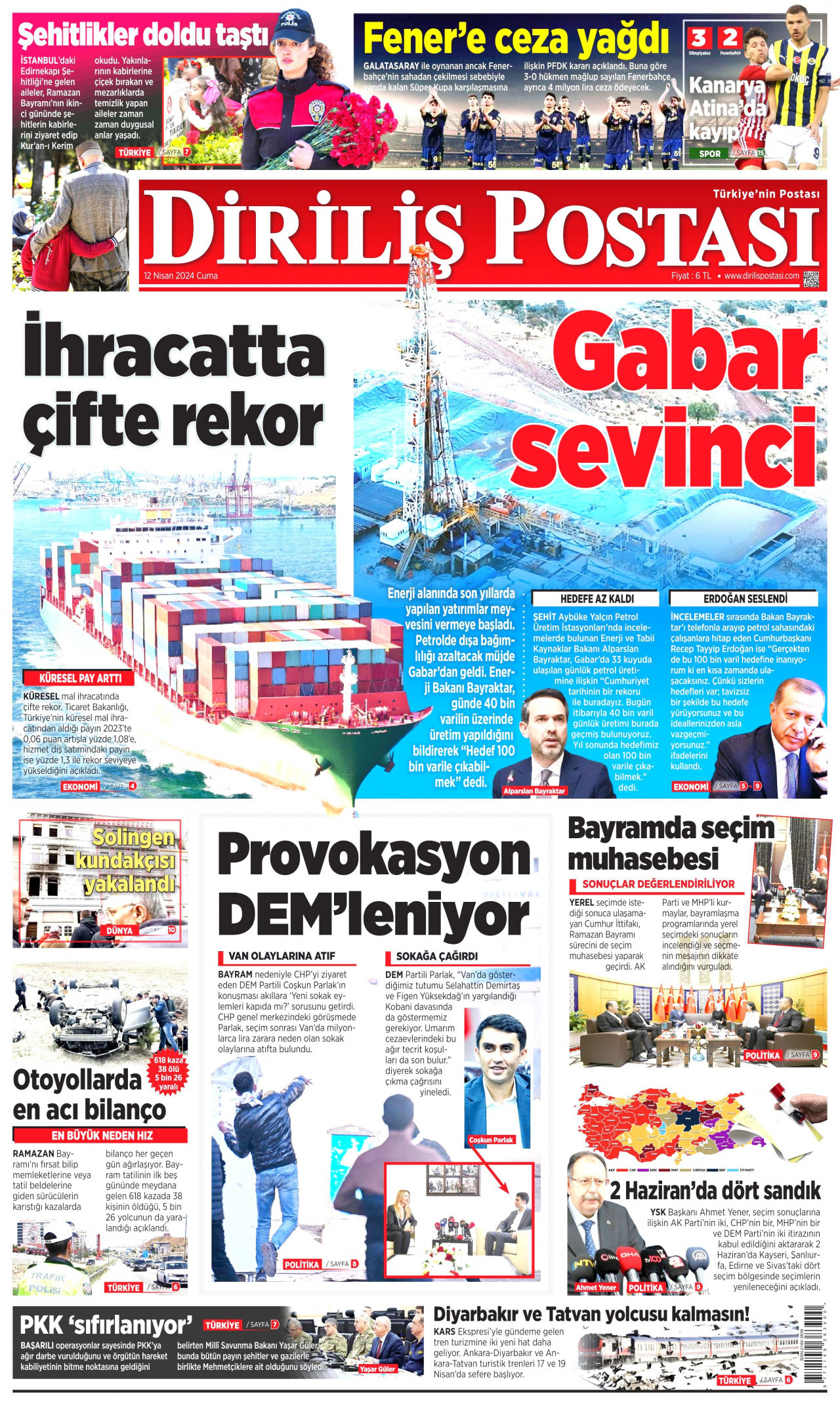 DİRİLİŞ POSTASI gazetesinin 12 Nisan 2024 tarihli birinci sayfası