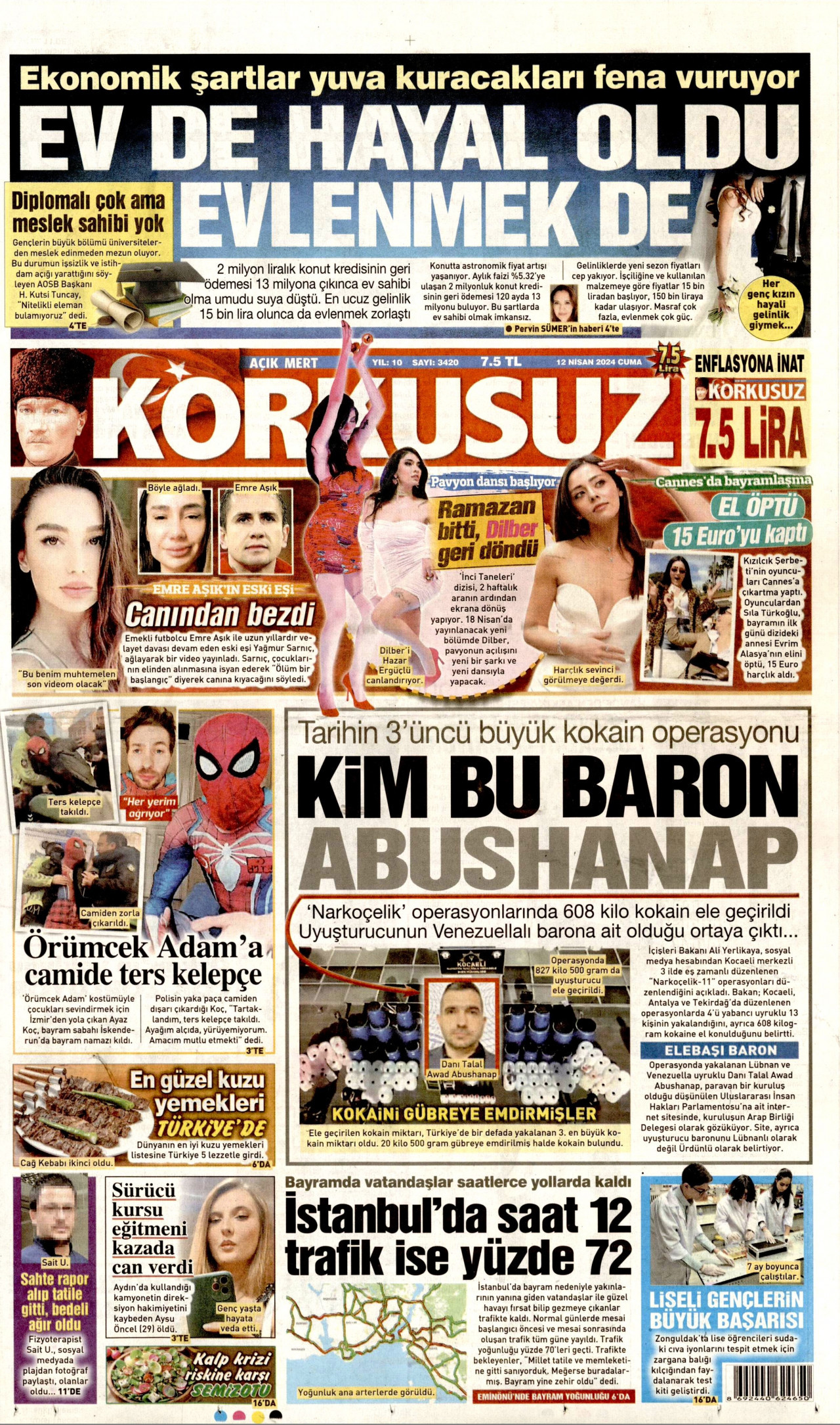 KORKUSUZ gazetesinin 12 Nisan 2024 tarihli birinci sayfası