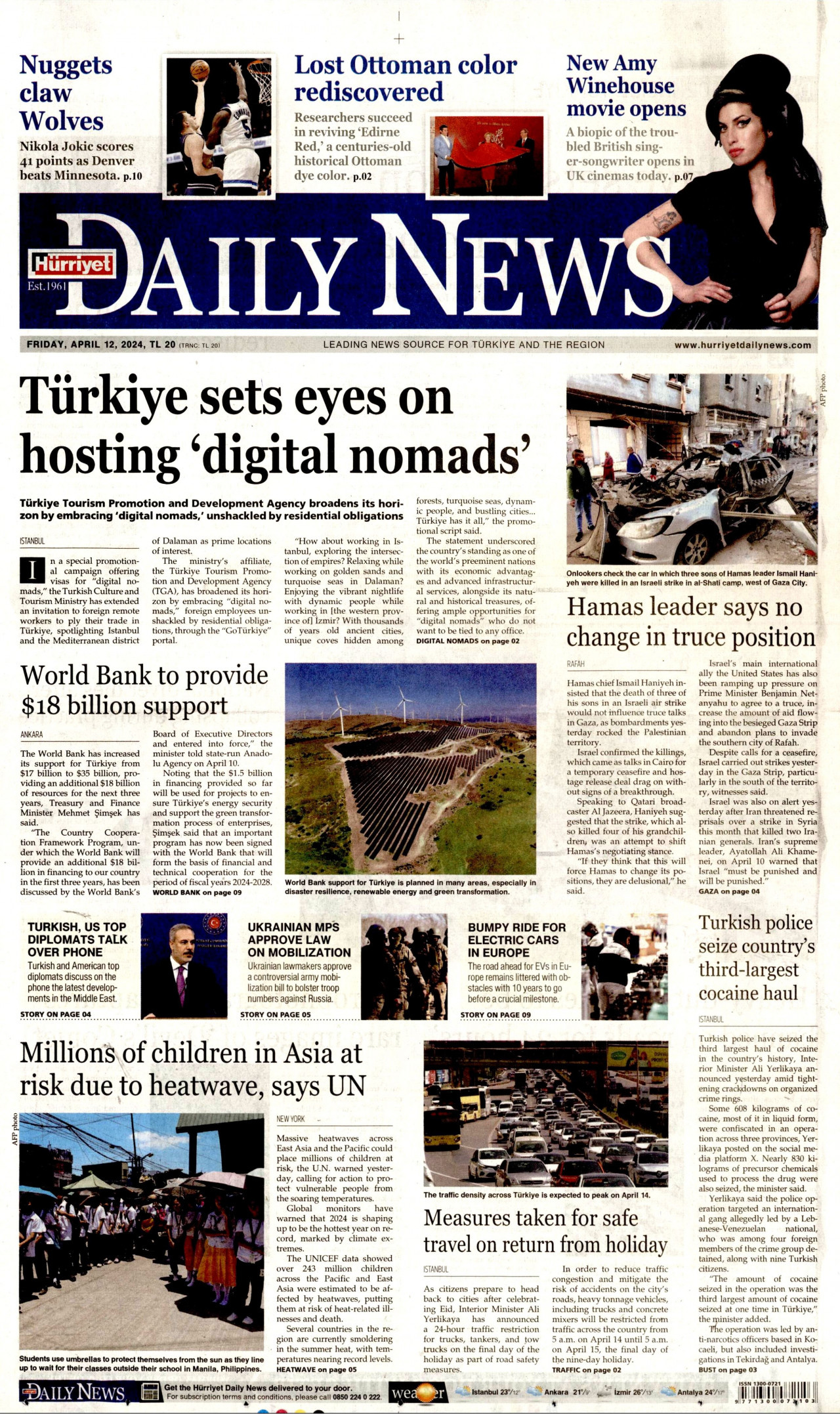 HÜRRİYET DAİLY NEWS gazetesinin 12 Nisan 2024 tarihli birinci sayfası