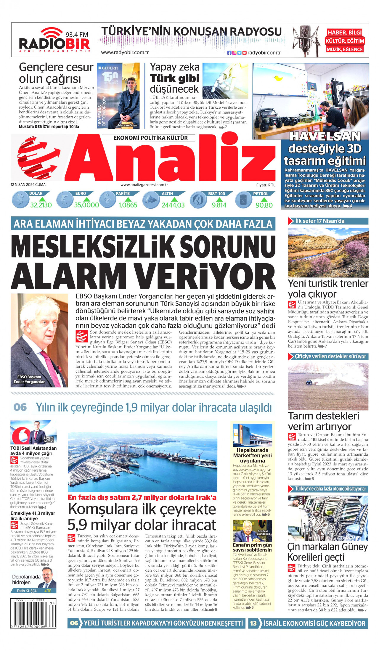 ANALİZ gazetesinin 12 Nisan 2024 tarihli birinci sayfası